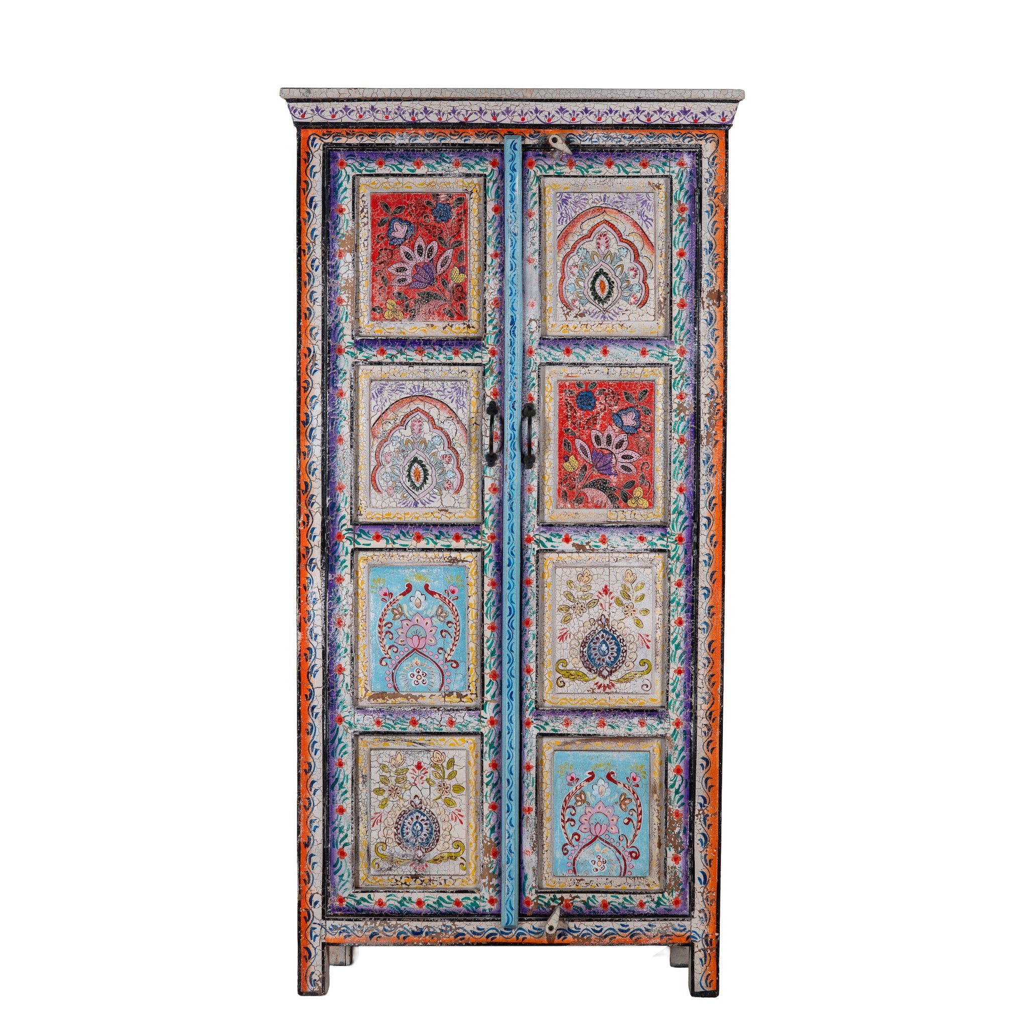 White background image of a Saya hand painted reclaimed wood cabinet with colourful Indian artwork 180cm