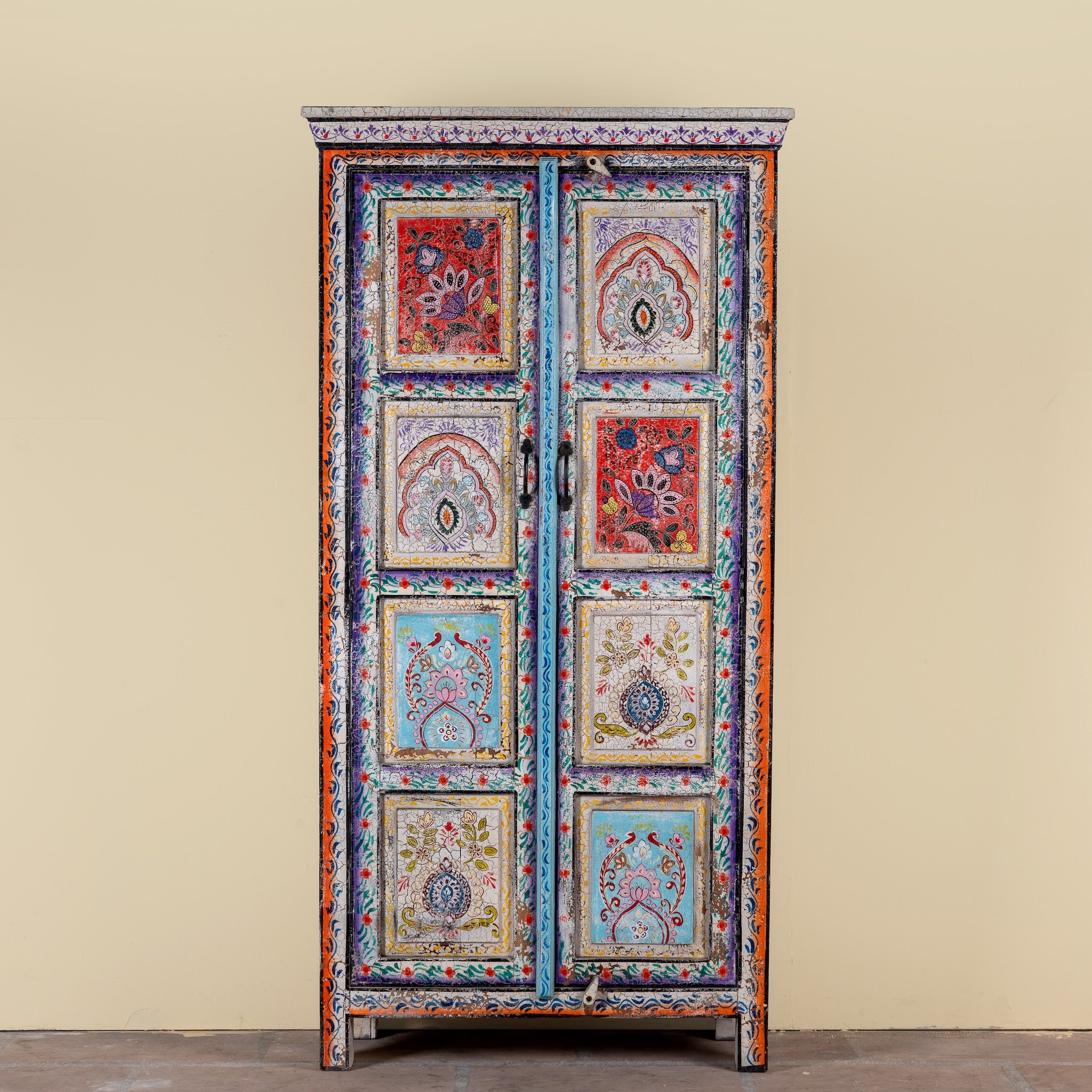 Saya hand painted reclaimed wood cabinet with colourful Indian artwork 180cm