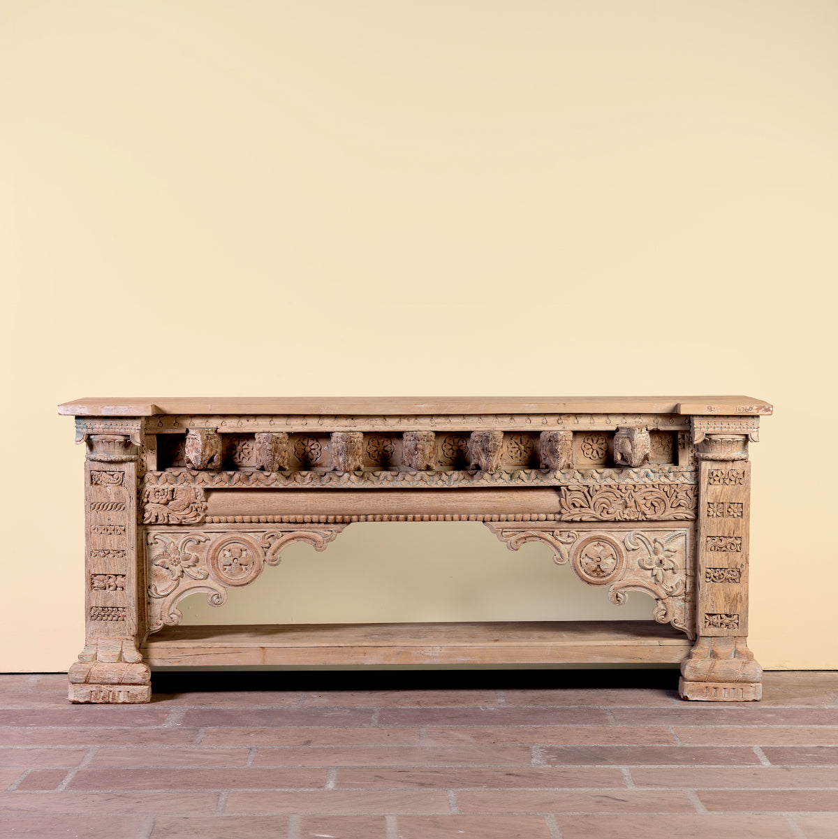 Sayon large carved reclaimed teak console table with antique Indian house elements and lower shelf, 216x54x92cm