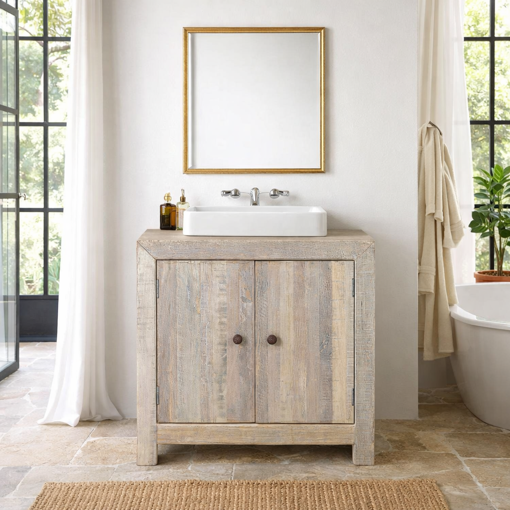 Lifestyle inspiration for a white background image of a rustic cupboard made of reclaimed wood with two doors, sustainable bathroom furniture, 90 × 40 × 86 cm.