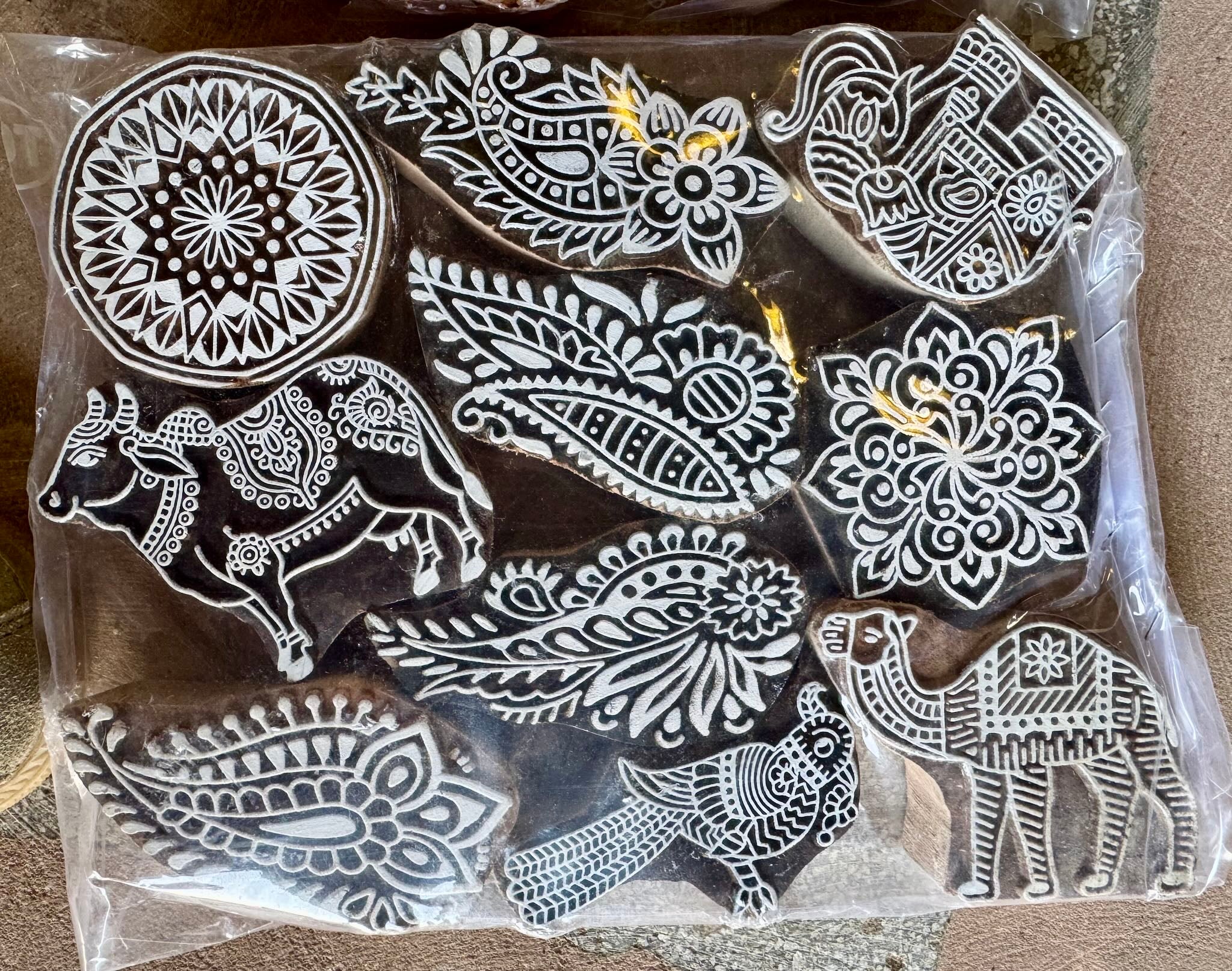 Hand-carved wooden Indian stamp set of 10 pieces featuring floral and animal designs, perfect for printing, crafts, or vintage and India home accessories.