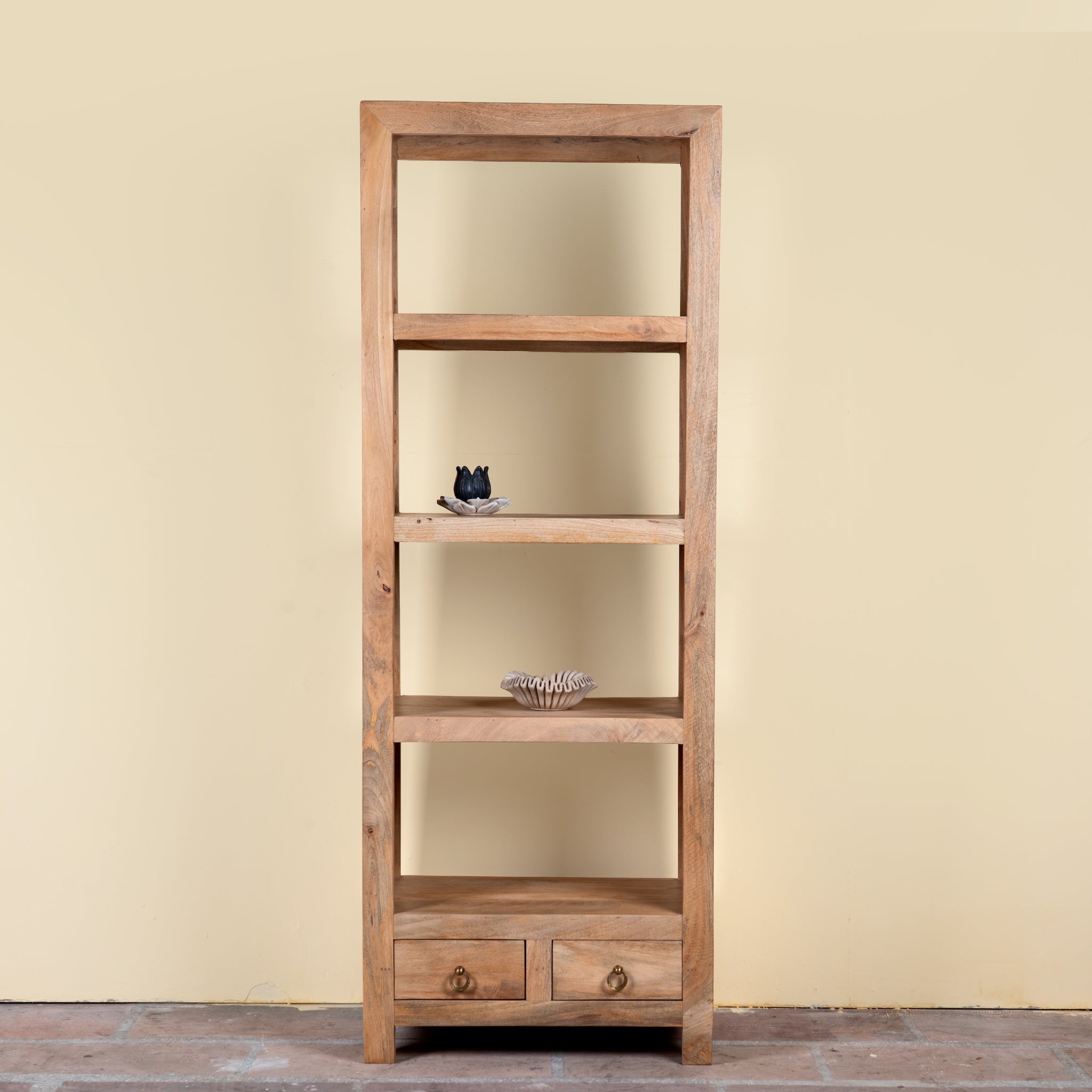Shailee tall mango wood shelving unit with open shelves and two drawers 190cm