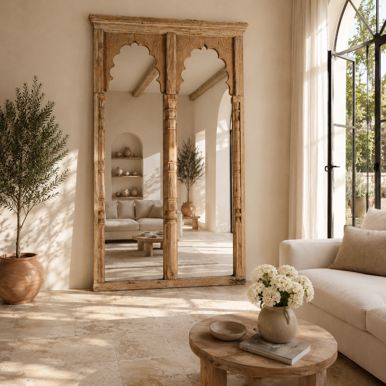 Lifestyle image of a Antique Indian arch mirror Shalee made from a reclaimed teak wood double window with carved arches. A unique piece of rustic wall art and functional décor for bohemian or vintage-inspired interiors.