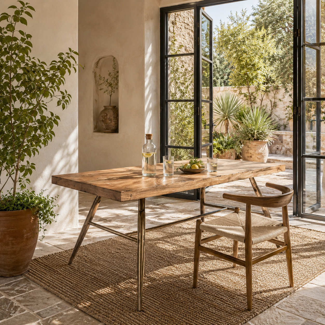 Lifestyle image of a Shankhin mango wood dining table featuring an intricately patterned natural wood tabletop with a brass-plated iron base and contemporary industrial design, 180cm.