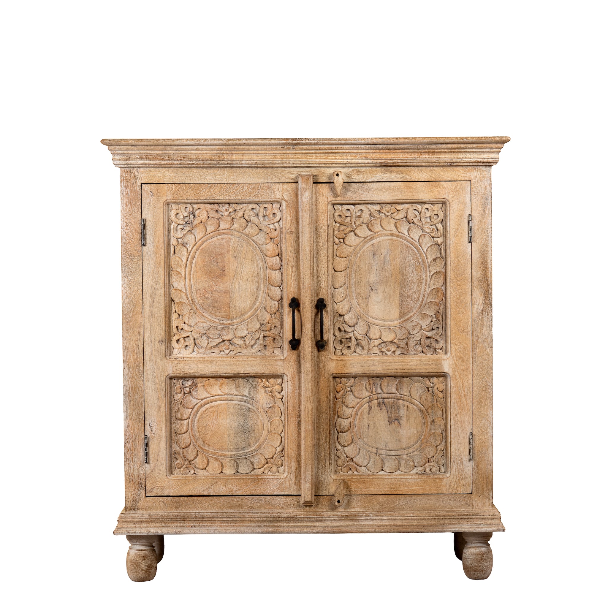 White background image of a Sharad hand-carved reclaimed wood cabinet with two carved doors and natural aged wood character.