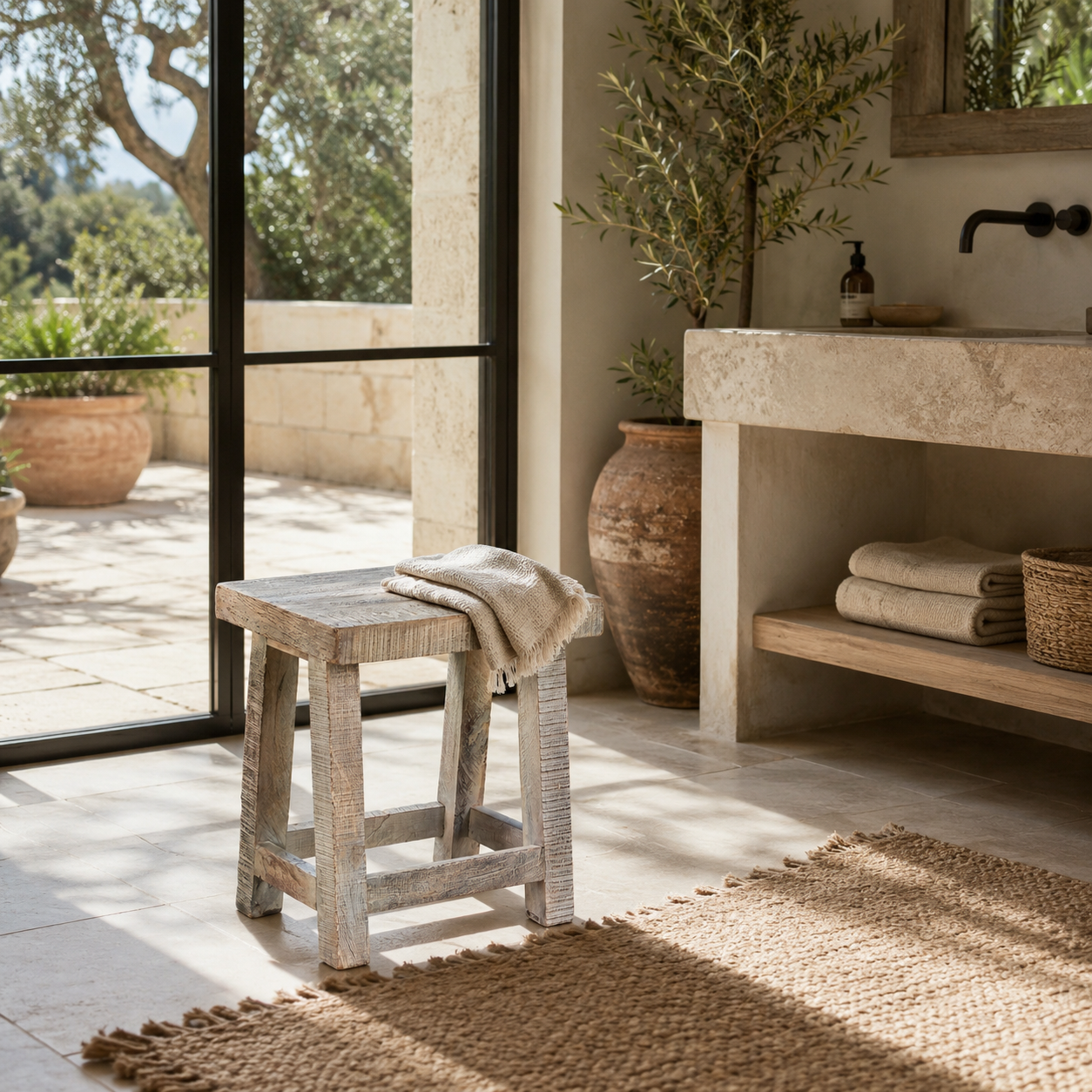 Shayla sandblasted reclaimed wood stool with natural driftwood appearance, 50cm