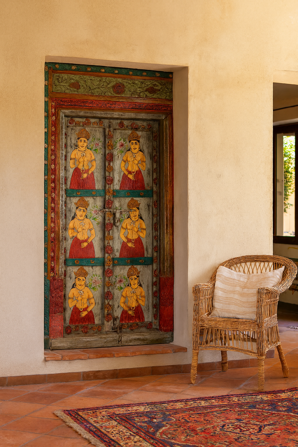 Decorative wall panel with figures in a room with a wicker chair and patterned rug.