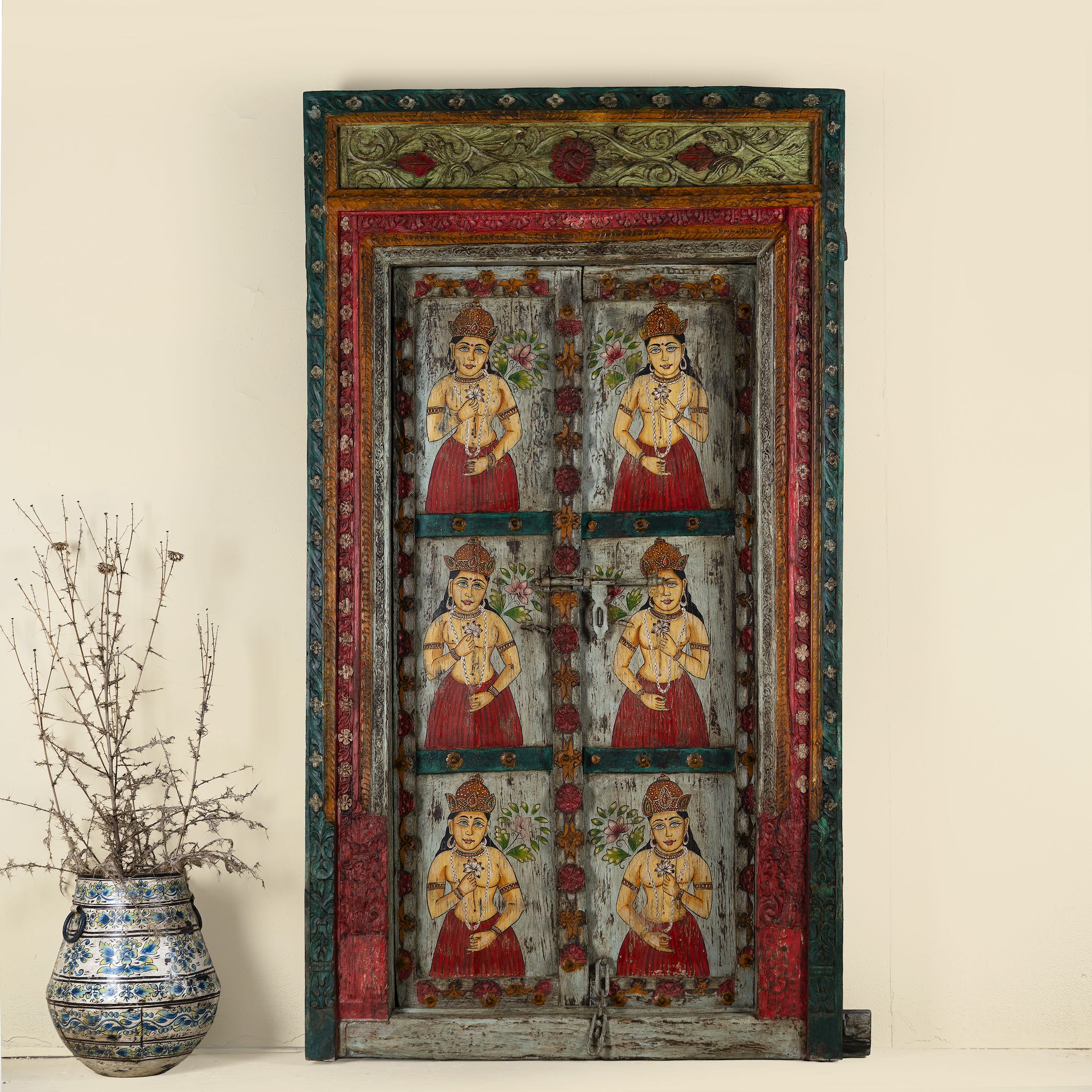 Antique Indian teak wood door with hand-painted figures holding lotus flowers, vintage wall panels and vintage home decor.