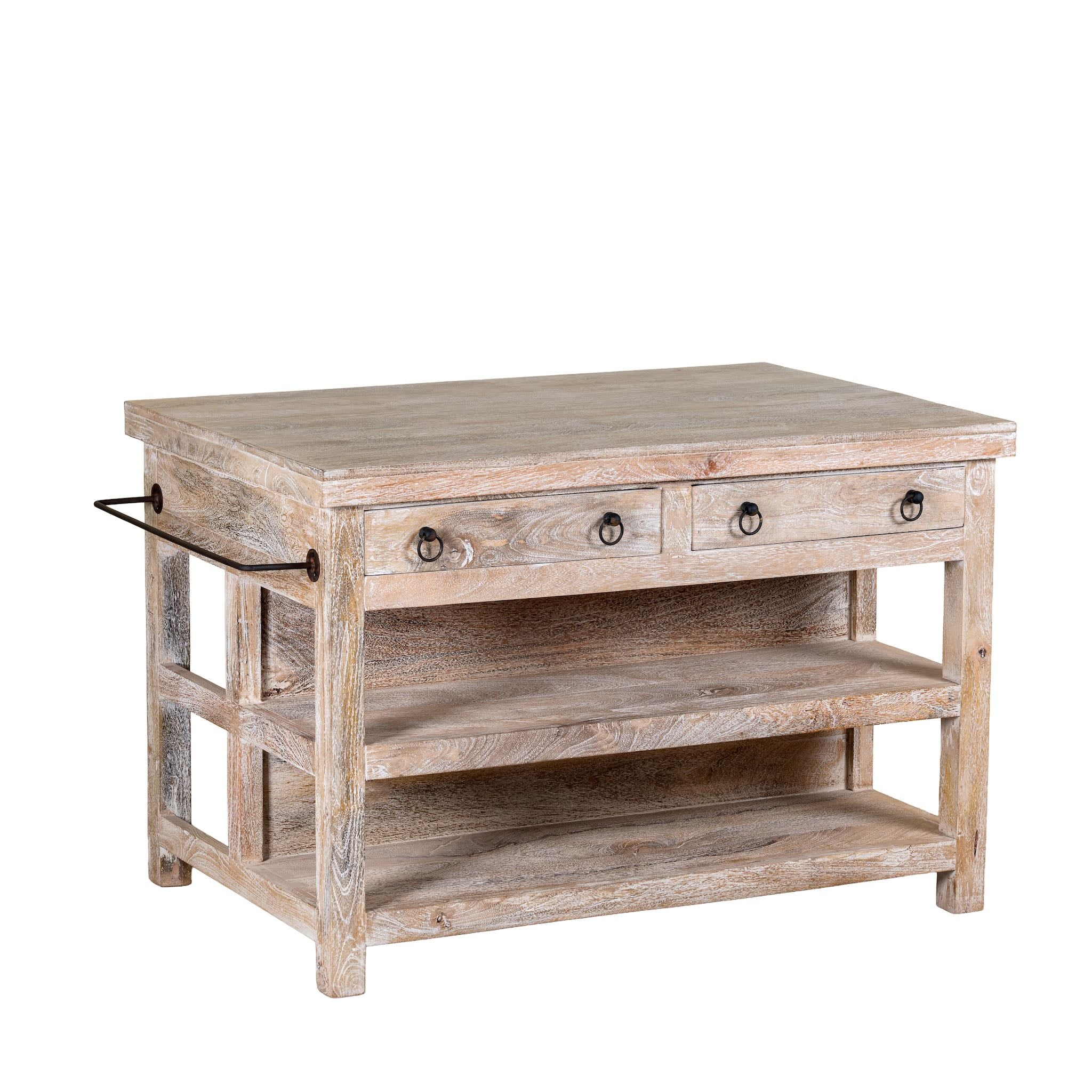 White background image of a white washed mango wood console table with 4 drawers and shelves. Solid wood counter table with rustic vintage look and storage.