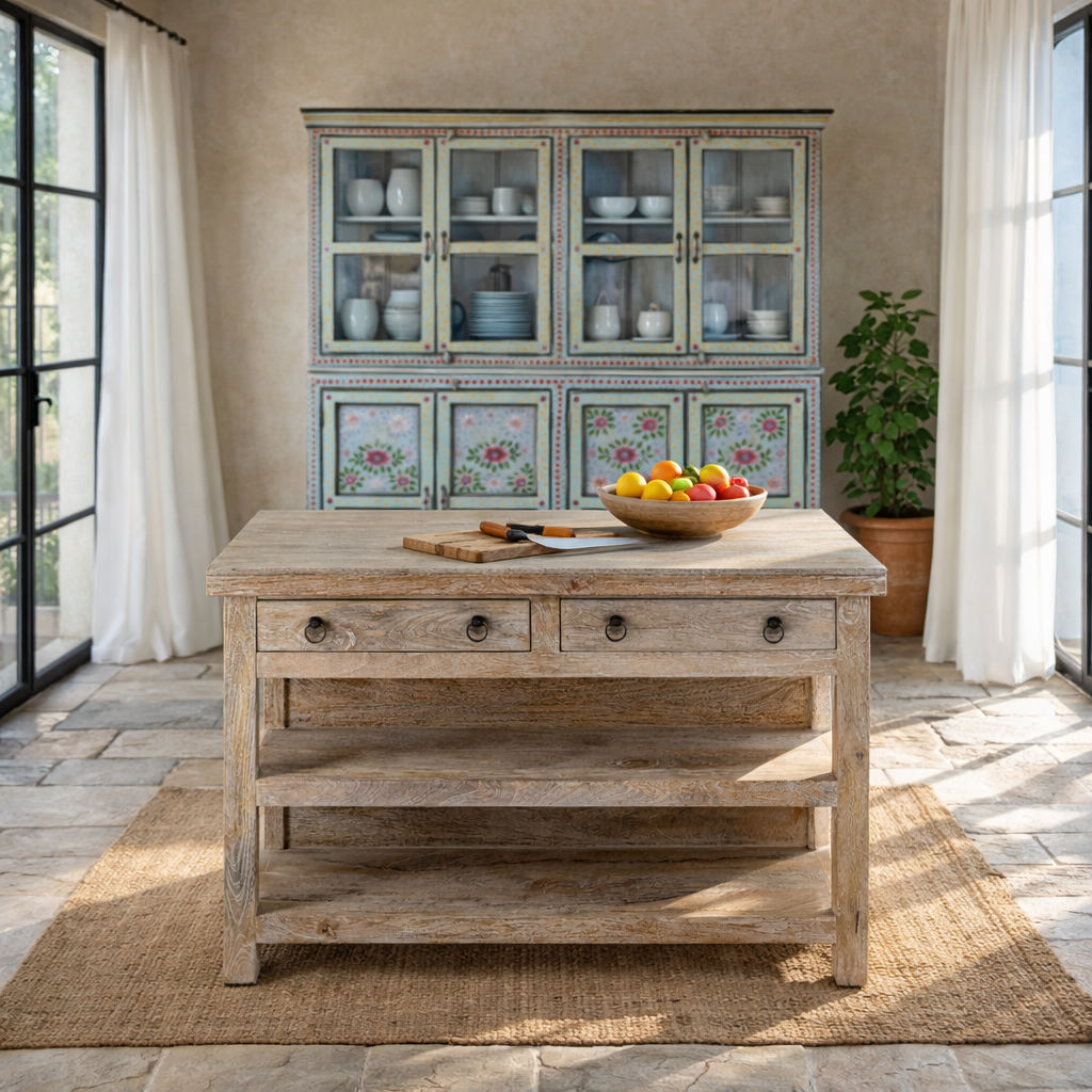 Life style image of a white washed mango wood console table with 4 drawers and shelves. Solid wood counter table with rustic vintage look and storage.