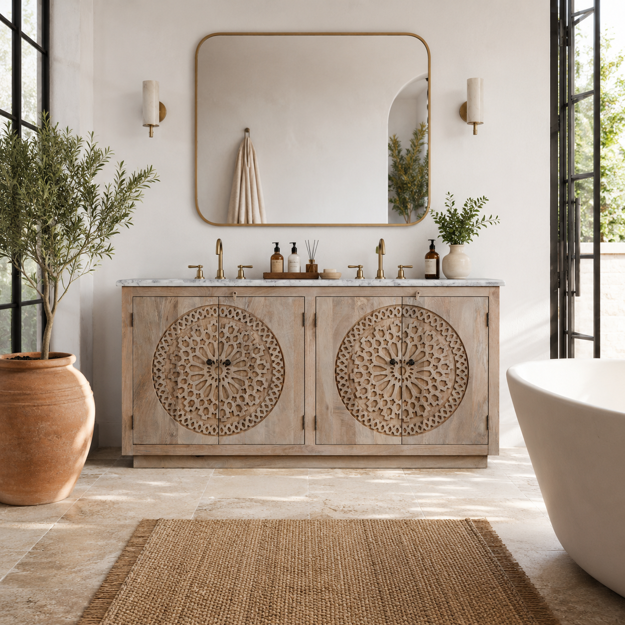 Lifestyle imagination of a handcrafted acacia wood sideboard with slidable white marble top and circular hand-carved doors – elegant wood carved furniture for refined interiors.
