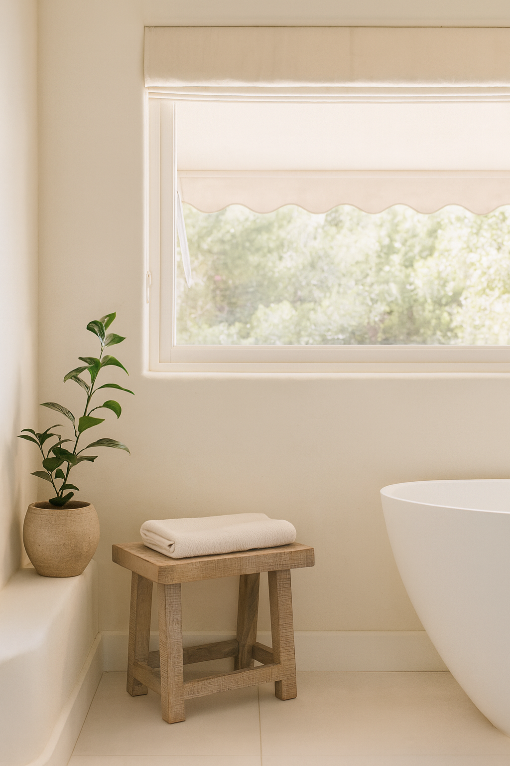 Lifestyle imagination of a small driftwood bench made of reclaimed wood with sandblasted finish; sustainable furniture, rustic design, 40 × 35 × 50 cm.