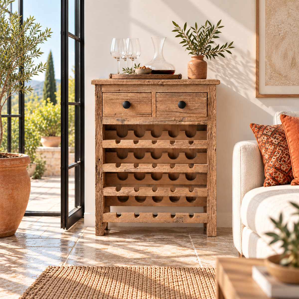 Lifestyle image of a Siara Japandi-style reclaimed wood wine rack with four bottle-storage levels, two drawers and natural rustic wood texture, 81cm