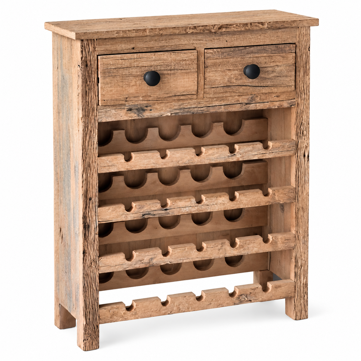 Side angle image of a Siara Japandi-style reclaimed wood wine rack with four bottle-storage levels, two drawers and natural rustic wood texture, 81cm