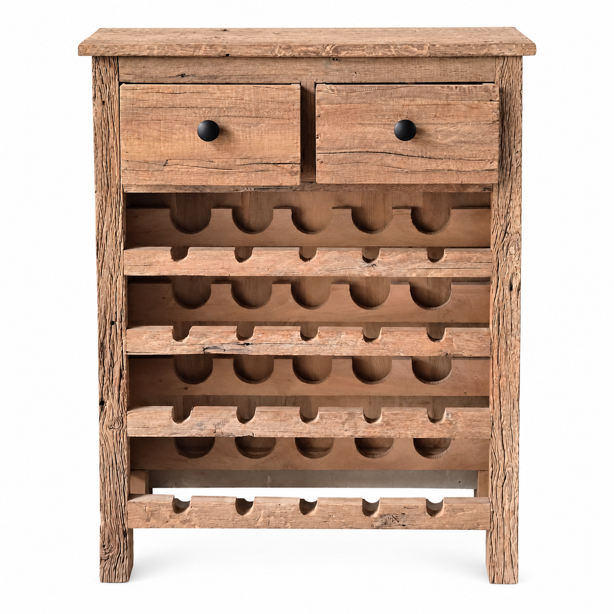 A rustic wooden wine rack cabinet with two drawers at the top and multiple tiers of bottle holders below, shown against a plain white background.
