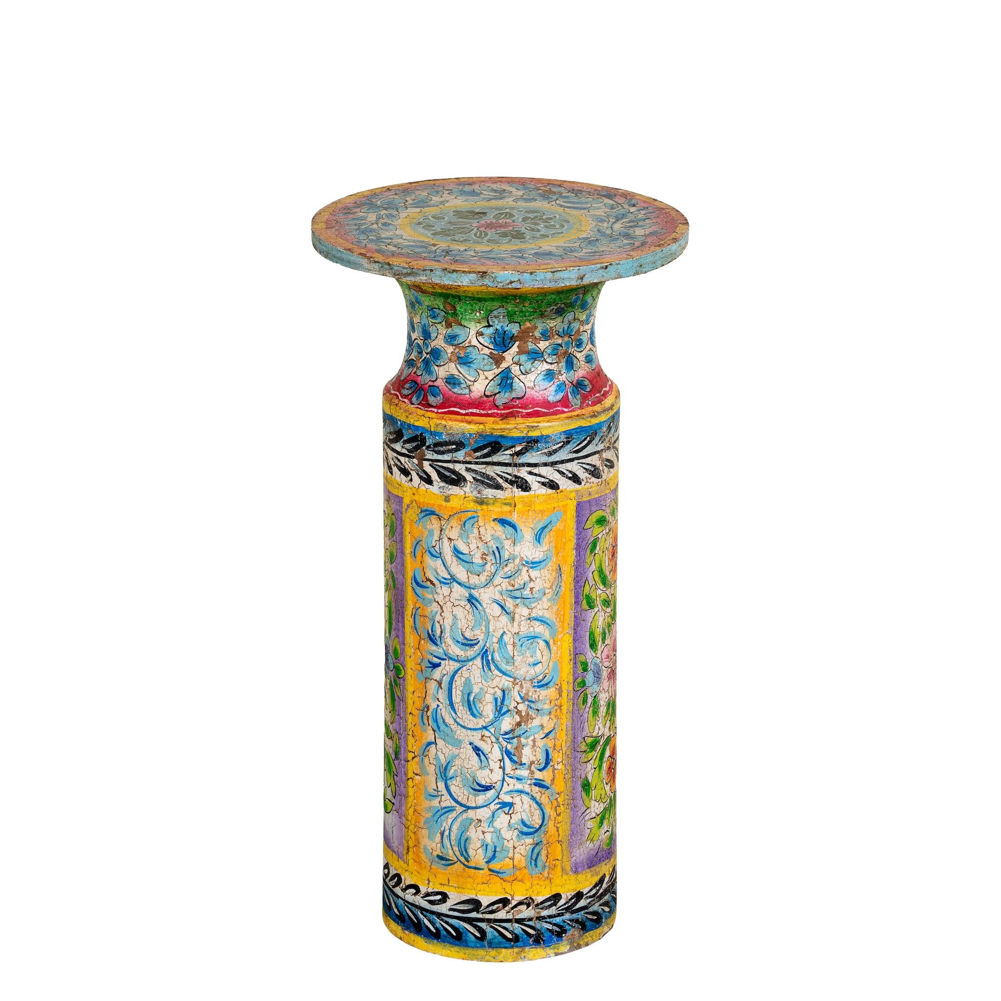 White background image of a hand‑painted wooden side table with floral motifs in vibrant colours, perfect for bohemian interiors and artisanal furniture displays.
