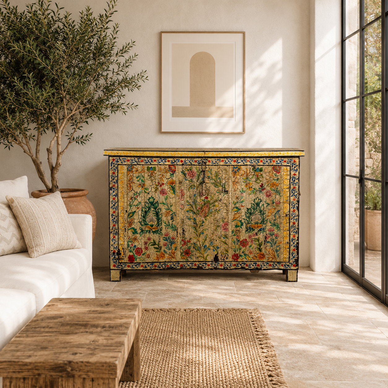 Lifestyle image of a Soham hand painted reclaimed teak wood storage box with colourful floral and botanical motifs 141cm