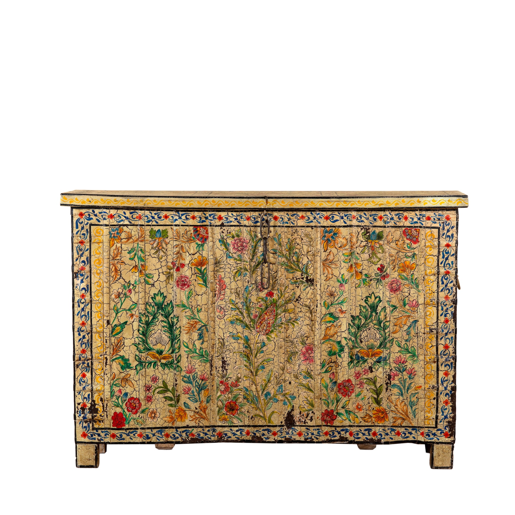 White background image of a Soham hand painted reclaimed teak wood storage box with colourful floral and botanical motifs 141cm