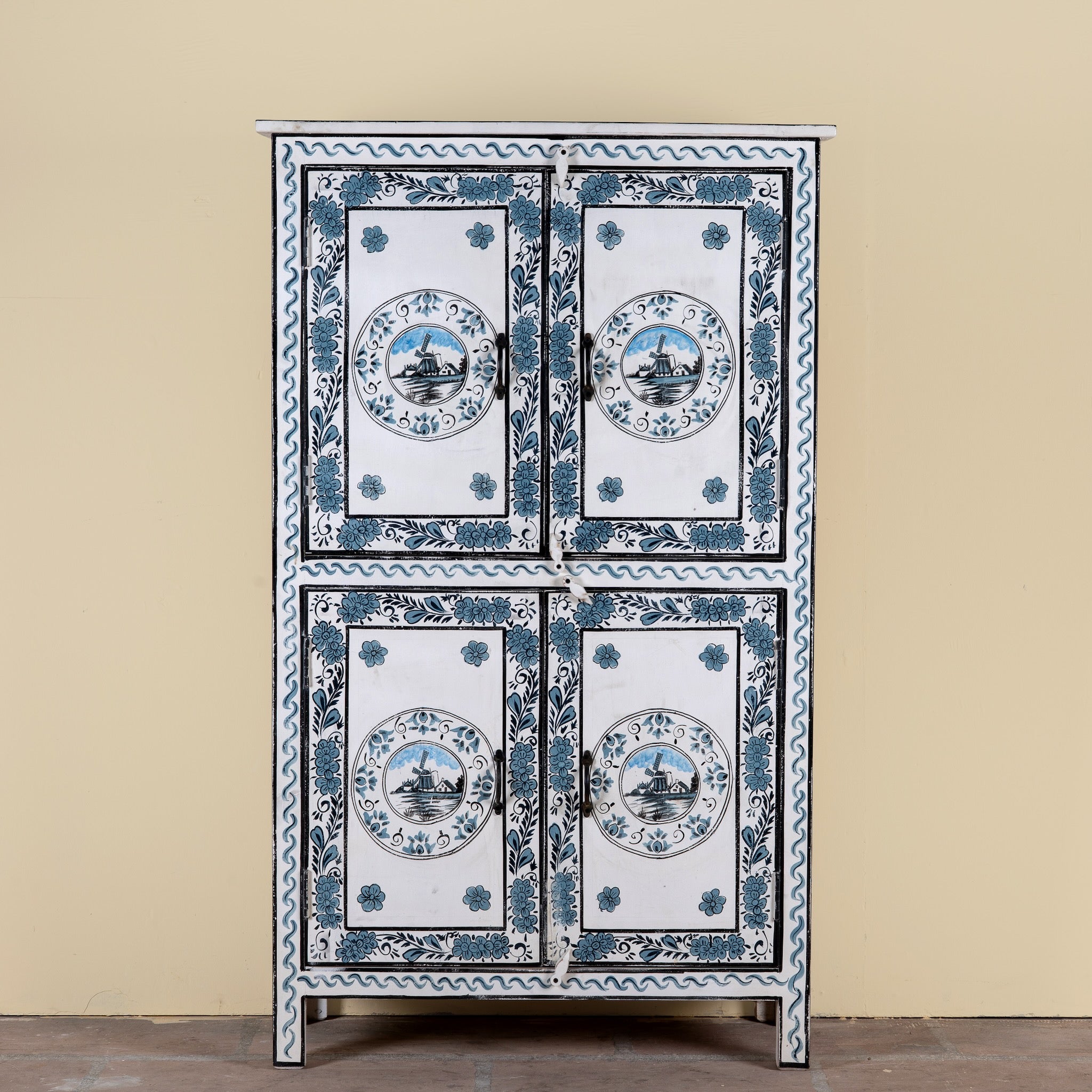Srika limited edition hand painted reclaimed wood cabinet inspired by Delft porcelain 150cm