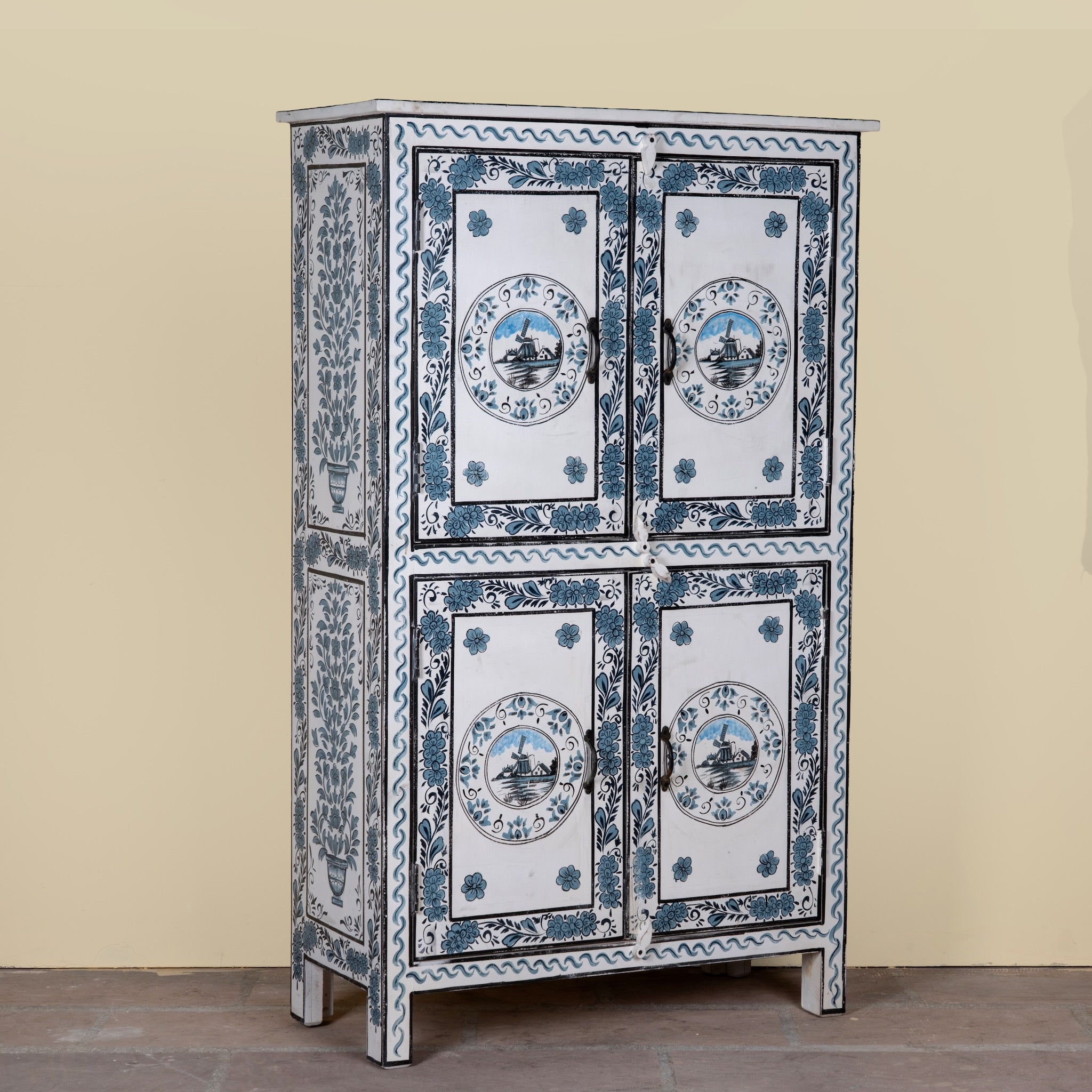 Side angle image of a Srika limited edition hand painted reclaimed wood cabinet inspired by Delft porcelain 150cm