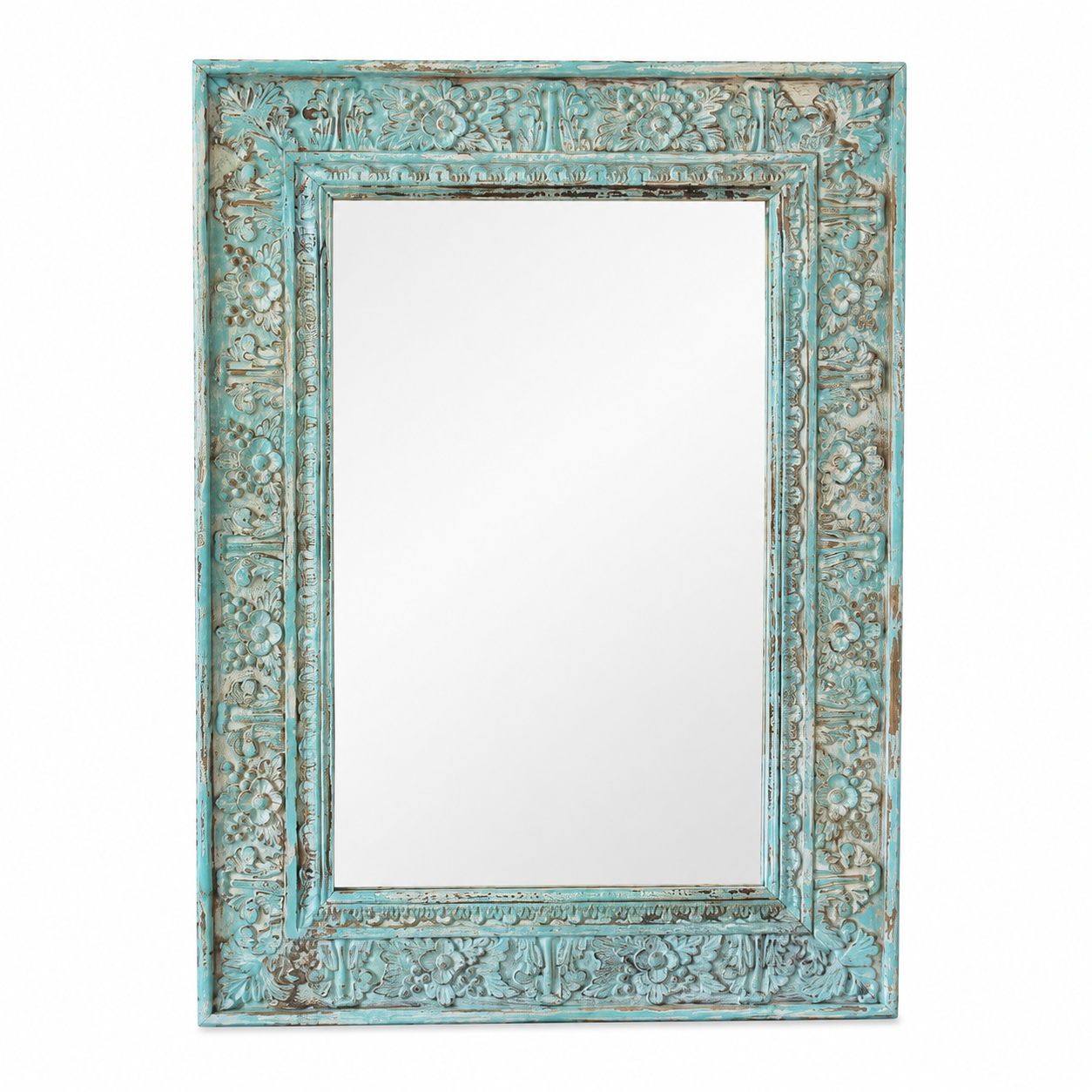 White background image of a Subha hand carved mango wood wall mirror with decorative carved wooden frame 90x124cm