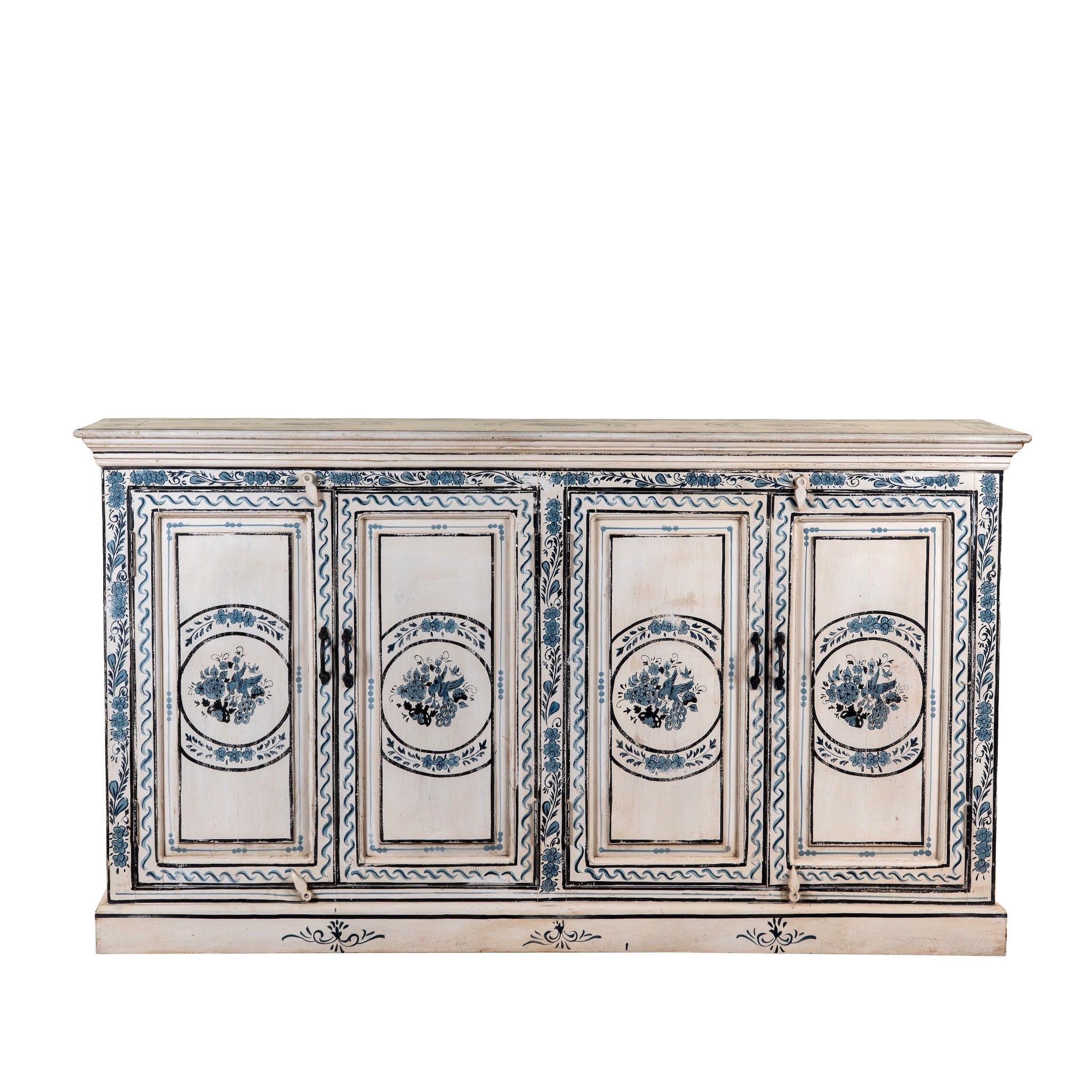 White background image of a Suchi limited edition reclaimed wood sideboard with Delft inspired hand painted motifs 170cm