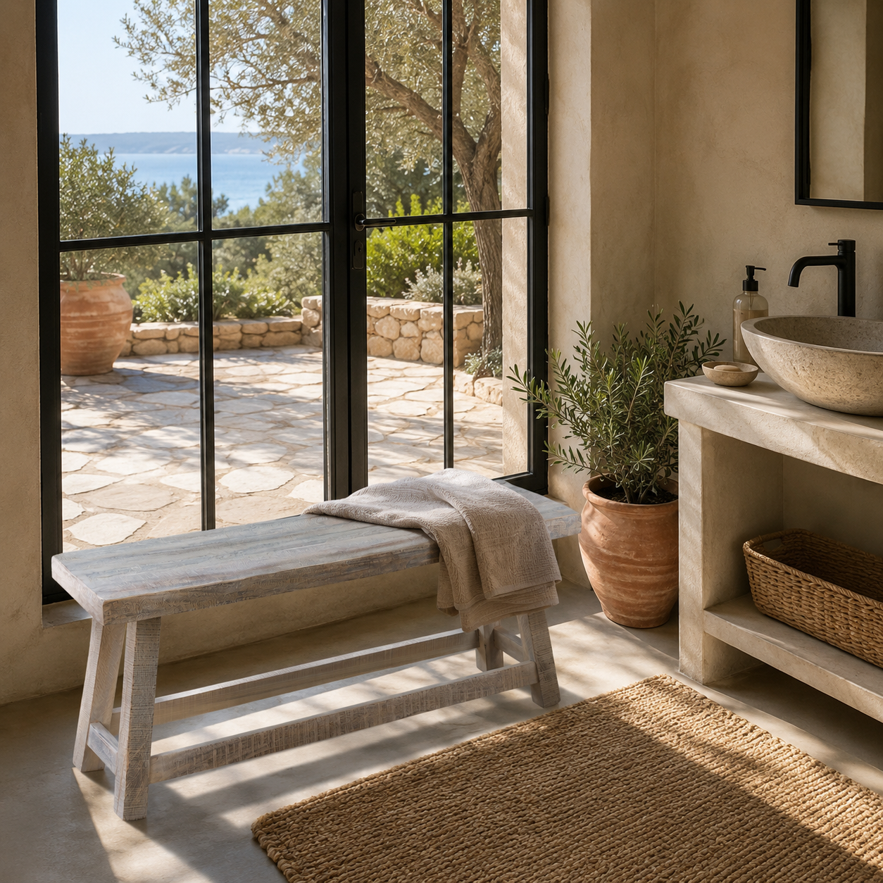Sudhir sandblasted reclaimed wood bench with driftwood-inspired finish, 120cm