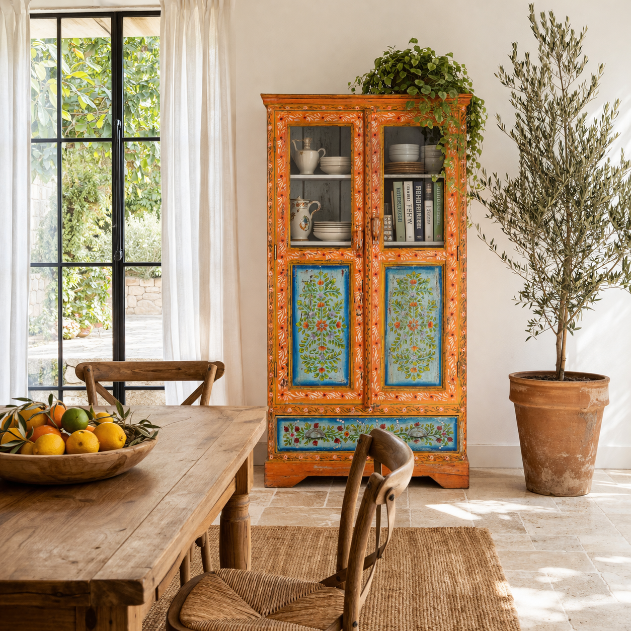 Lifestyle image of a hand painted reclaimed wood showcase with 2 doors and one drawer.