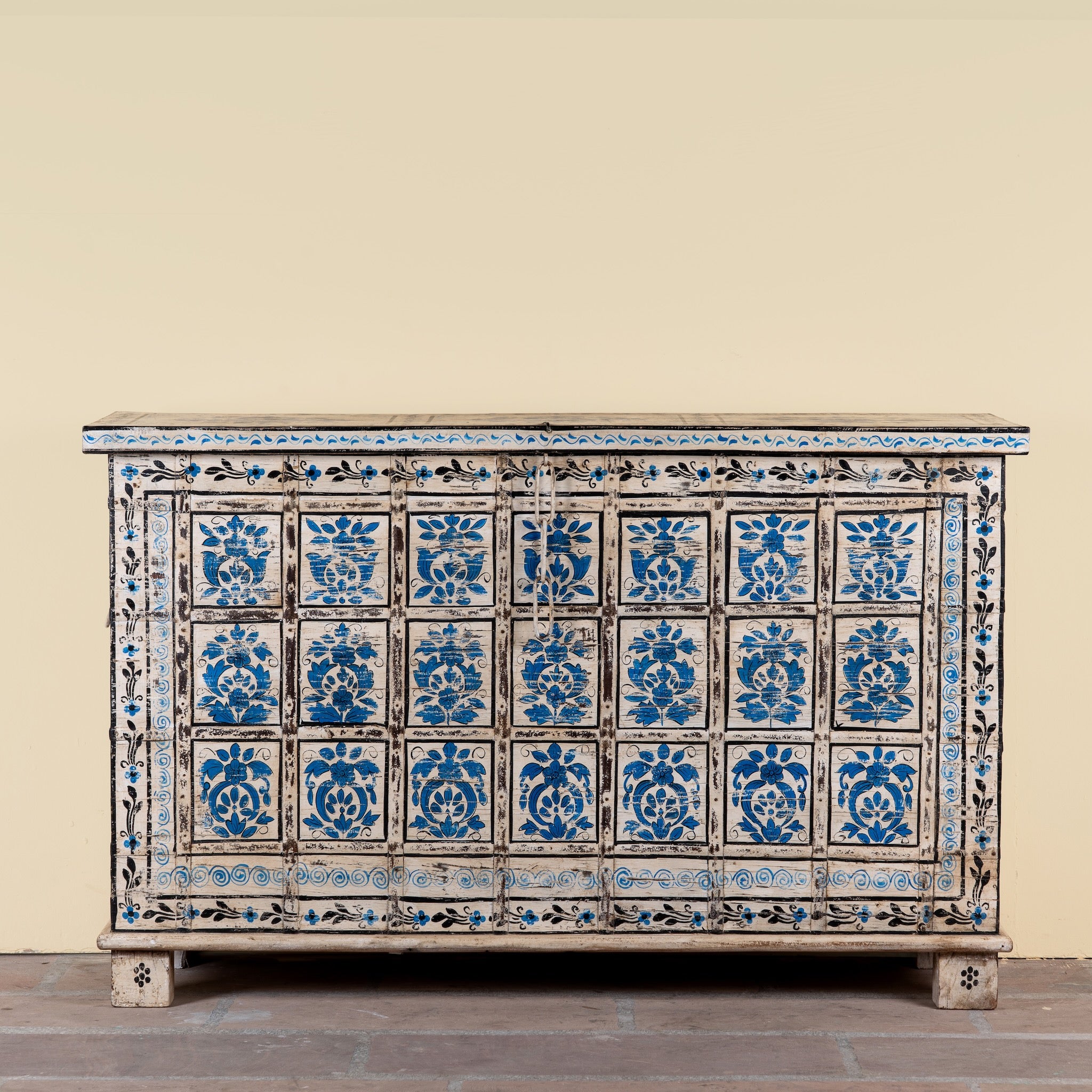 Sur limited edition reclaimed wood storage chest with Delft inspired hand painted motifs