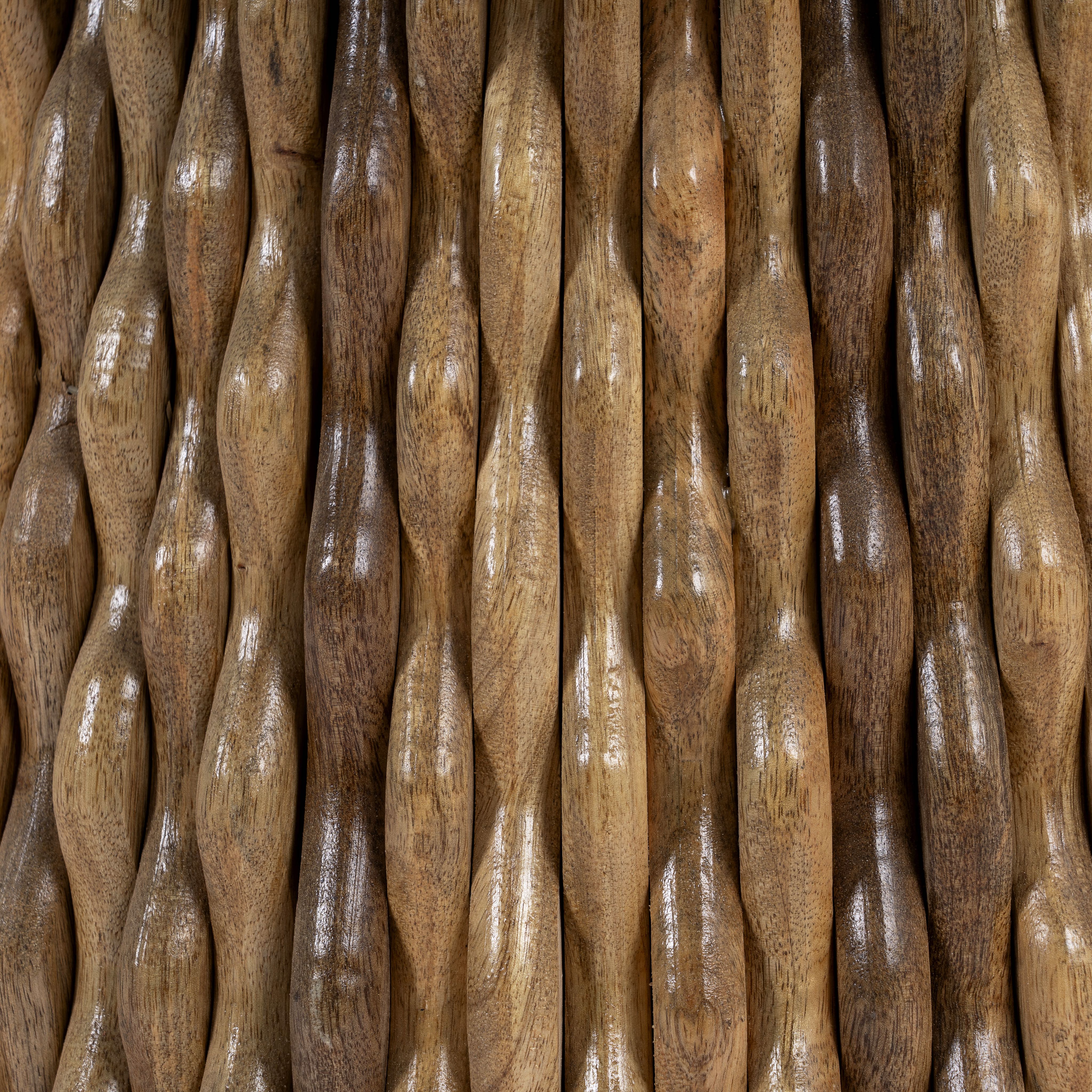 Close up image of a round marble top coffee table with handcrafted mango wood base in strip design; wooden base coffee table, 80 cm diameter, 44 cm height.