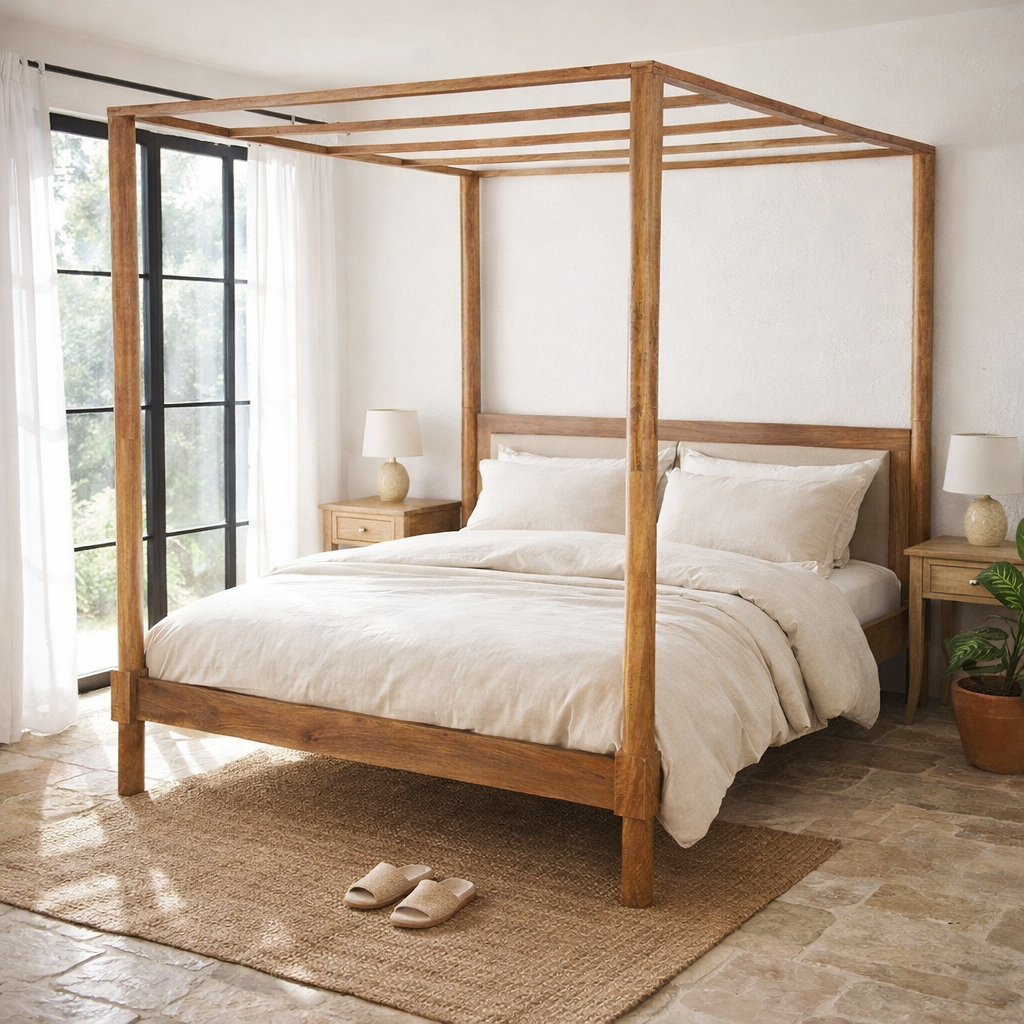 Lifestyle image of a handcrafted canopy boho bed Svarg in solid mango wood, Mediterranean-inspired artisanal bedroom furniture, 190 × 200 cm.