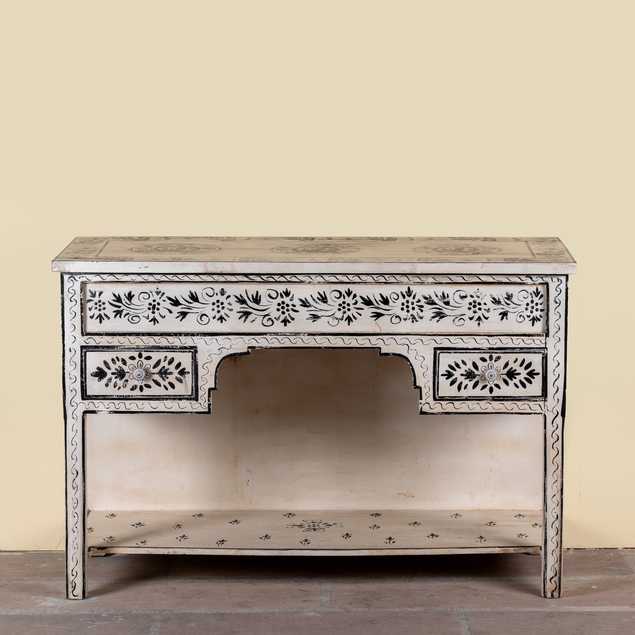 Swaha limited edition reclaimed wood desk with Delft inspired hand painted motifs