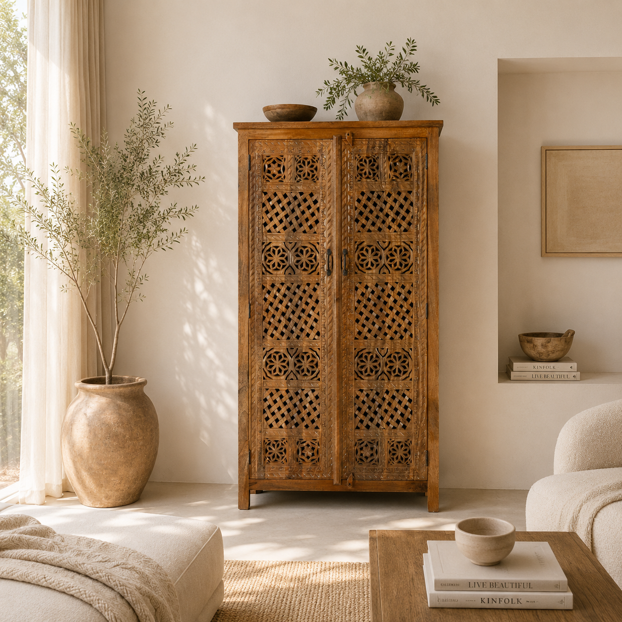 Lifestyle scene with a hand-carved mango wood wardrobe with floral and lattice motifs – a detailed piece of carved wood furniture ideal for natural mango wood interiors.