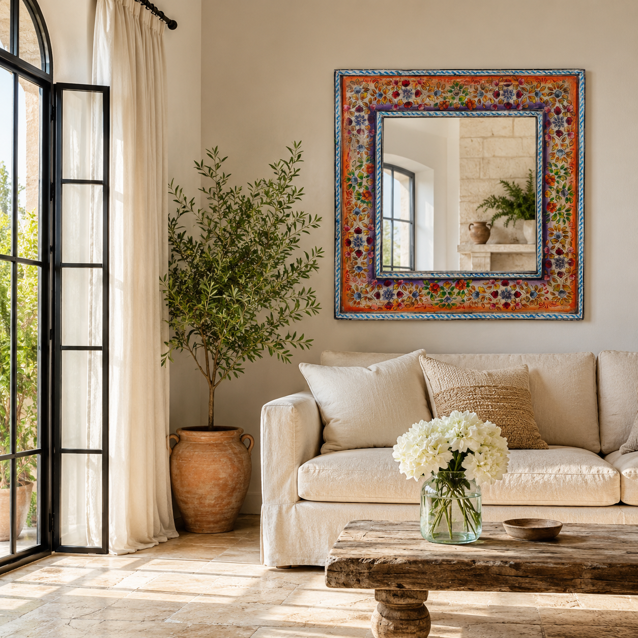 Lifestyle image of a Taksha hand-painted reclaimed wood wall mirror with colourful floral artwork, blue border detailing, and vintage artisan character, 90x90cm.