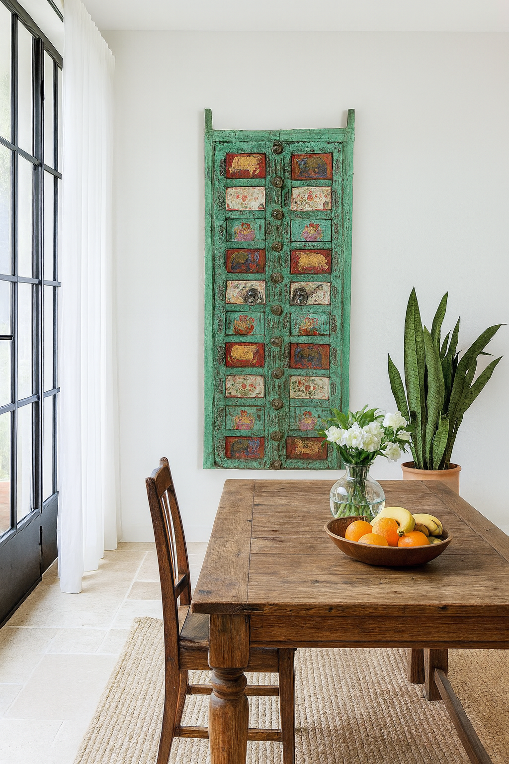 Lifestyle image of a Tarak hand-painted teak door panel with sacred and floral motifs in a distressed teal frame—a one-of-a-kind example of teak door panels and unique Indian wall decoration.