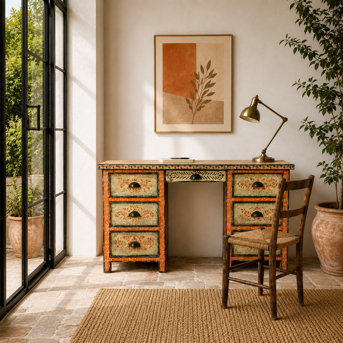 Lifestyle image of a hand-painted desk made of reclaimed wood with floral detailing – Tejasvini model by Om Home & Garden