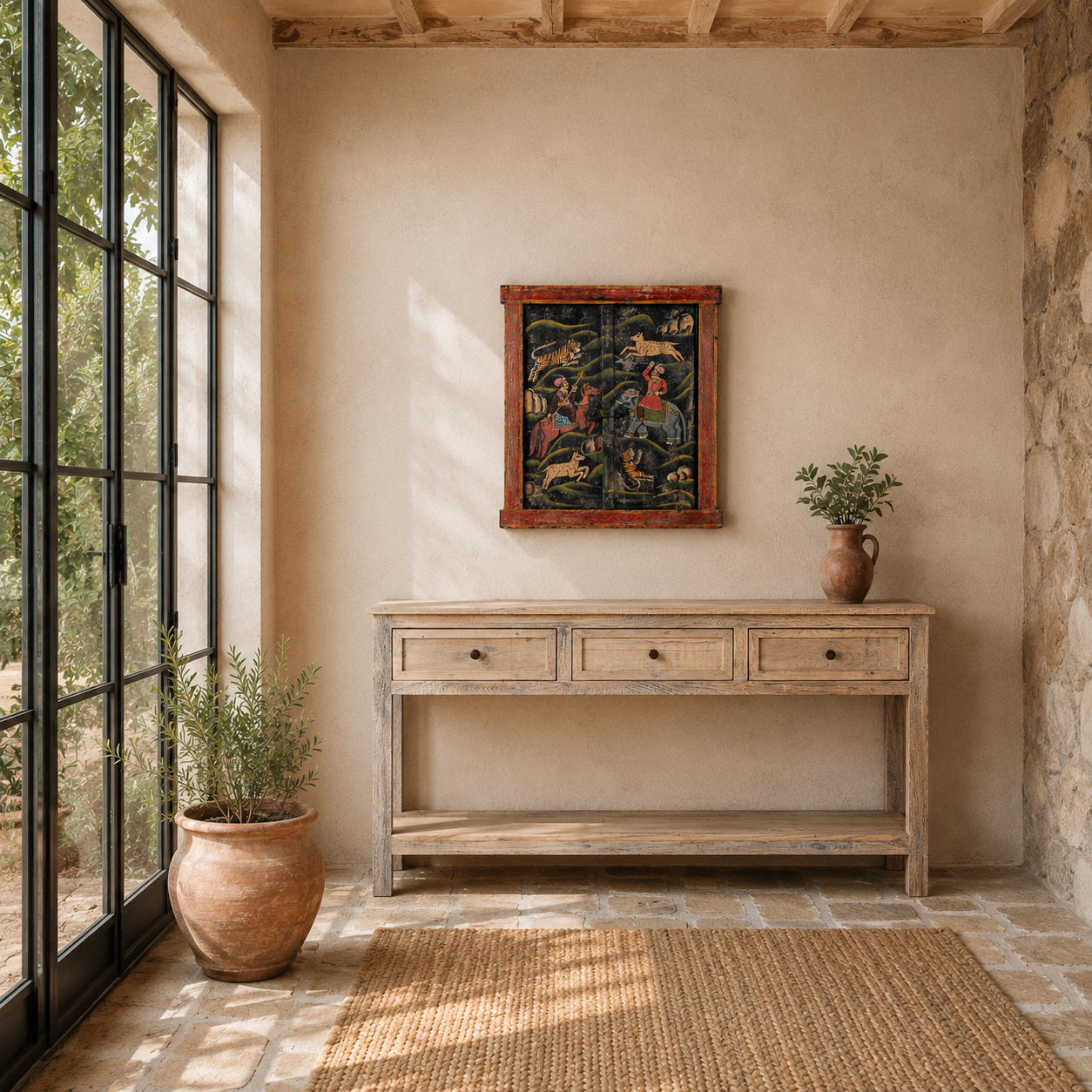 Lifestyle image of an antique reclaimed wood mirror from India with hand-painted Tiger Hunt artwork, authentic vintage frame and boho wall décor, 50x50x5cm.