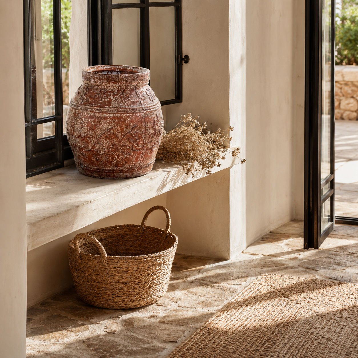 Lifestyle image of a Hand-painted vintage distressed terracotta clay vase with raised floral relief decoration, 33x35cm.
