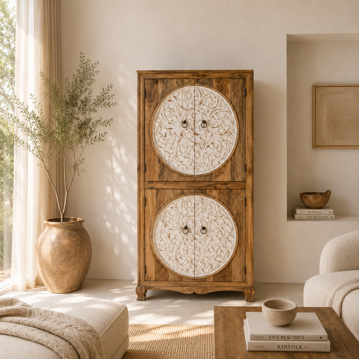 Lifestyle imagination of a mango wood wardrobe with hand-carved floral front, vintage carved wood furniture with curved legs, 180 × 90 × 40 cm.