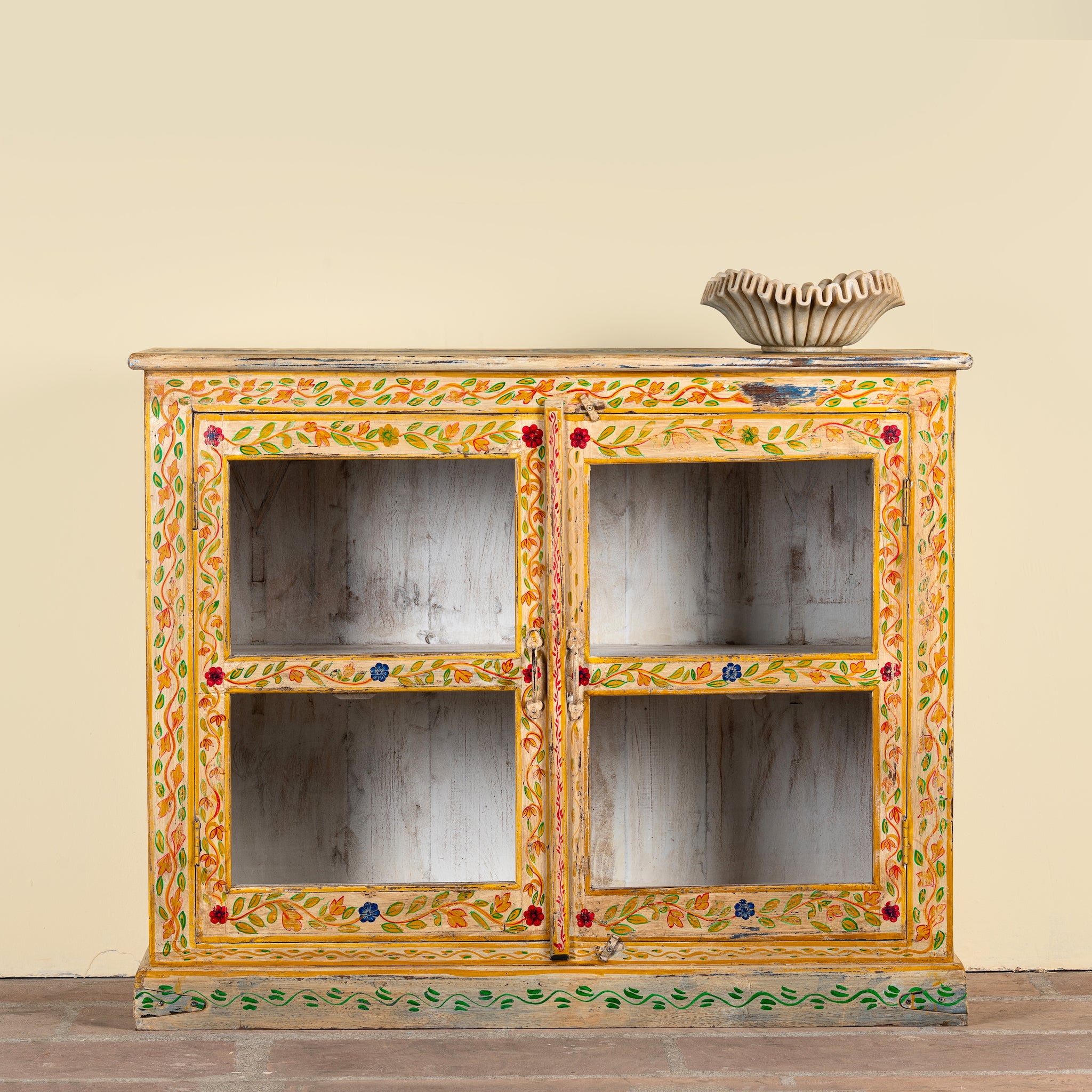 Tushar hand-painted reclaimed wood display cabinet with colourful floral design and two doors 122cm