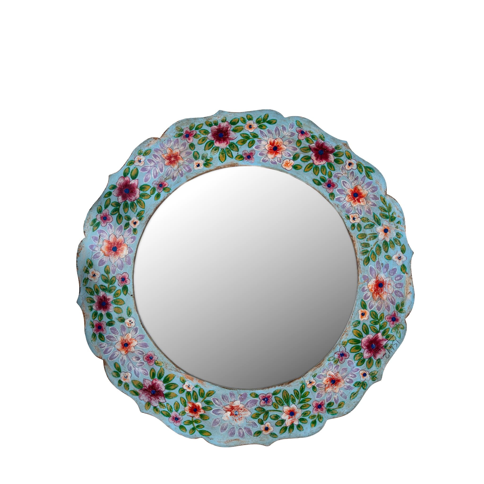 White background image of a Ujjwal hand-painted round reclaimed wood mirror with colourful floral artwork, turquoise vintage frame, and artisan detailing, 90cm diameter.
