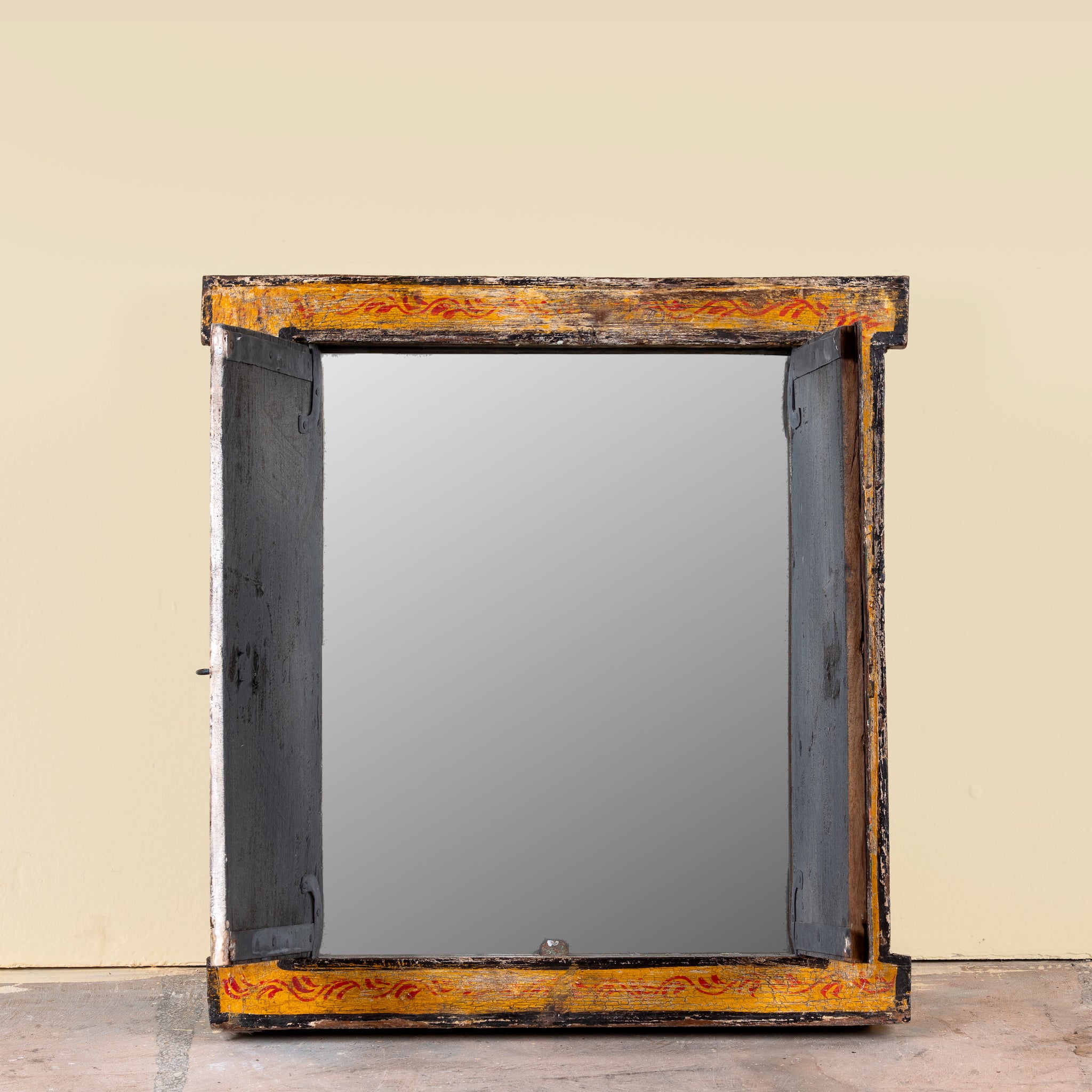 Image showing open wings of a Dancer antique reclaimed wood mirror with hand-painted classical Indian dancer artwork on an authentic vintage wooden mirror frame, 50x50x5cm.