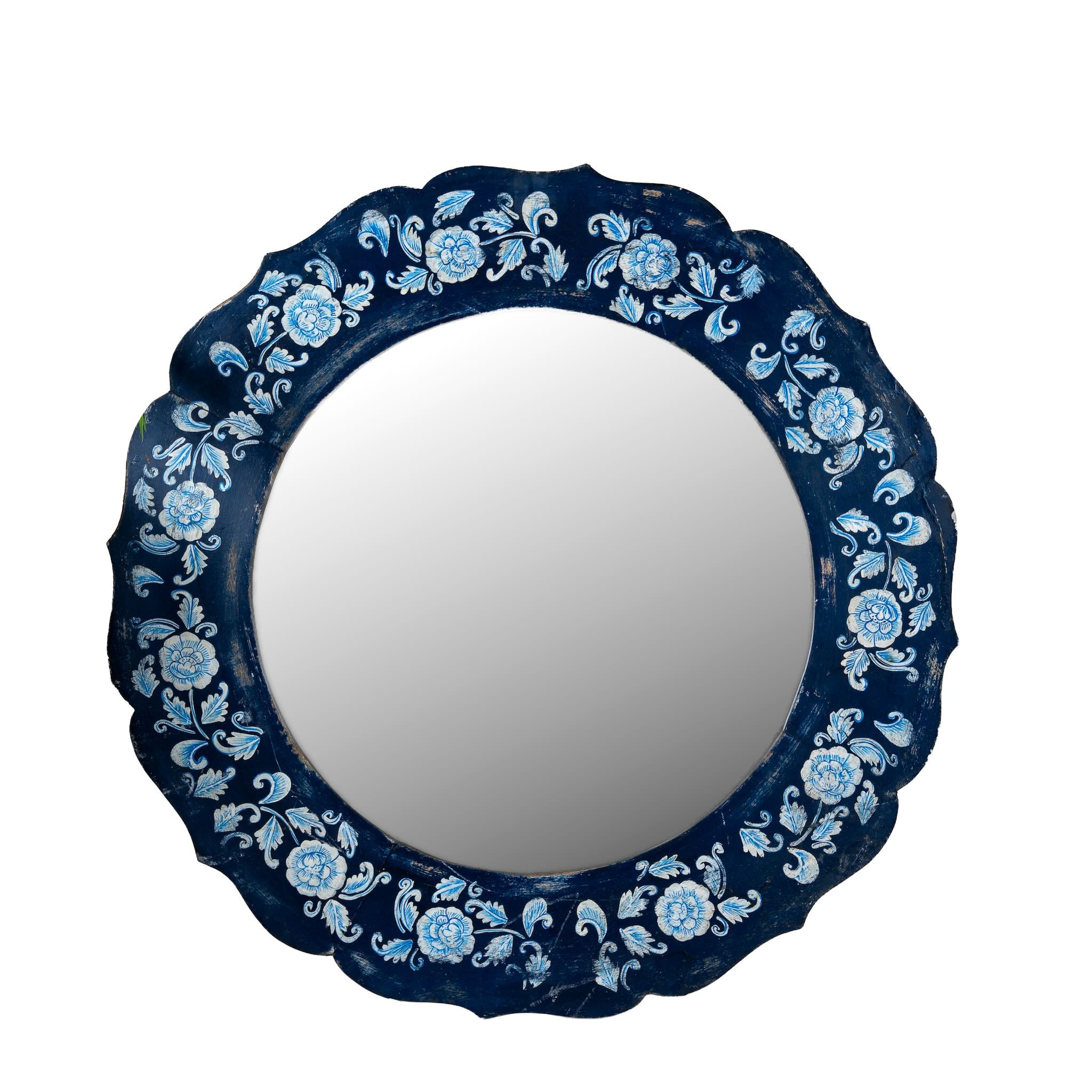 White background image of a Uttam hand-painted round reclaimed wood mirror with deep blue floral frame, vintage artisan detailing, 90cm diameter.