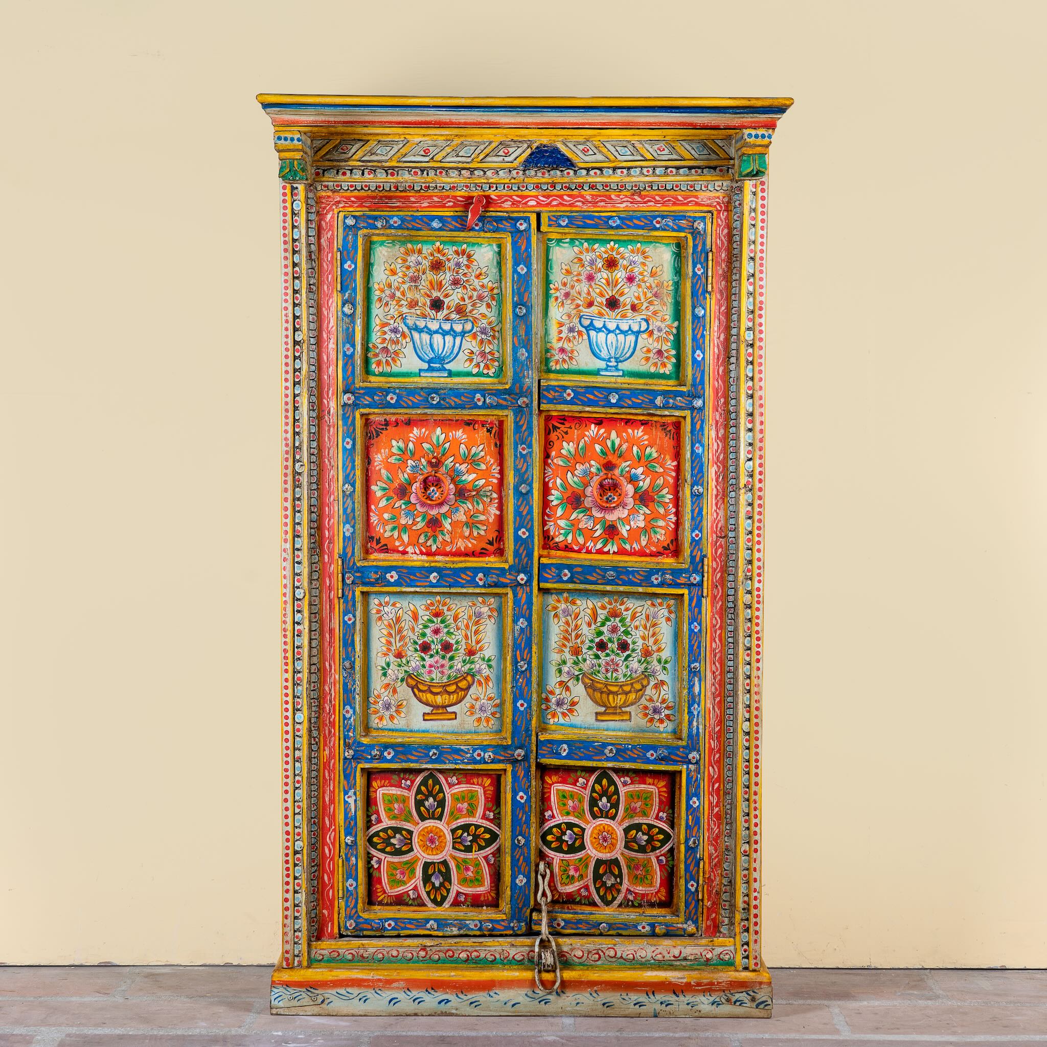 Hand-painted teak wood cabinet with floral motifs; teak wood furniture for bohemian interiors, 105 × 55 × 177 cm.