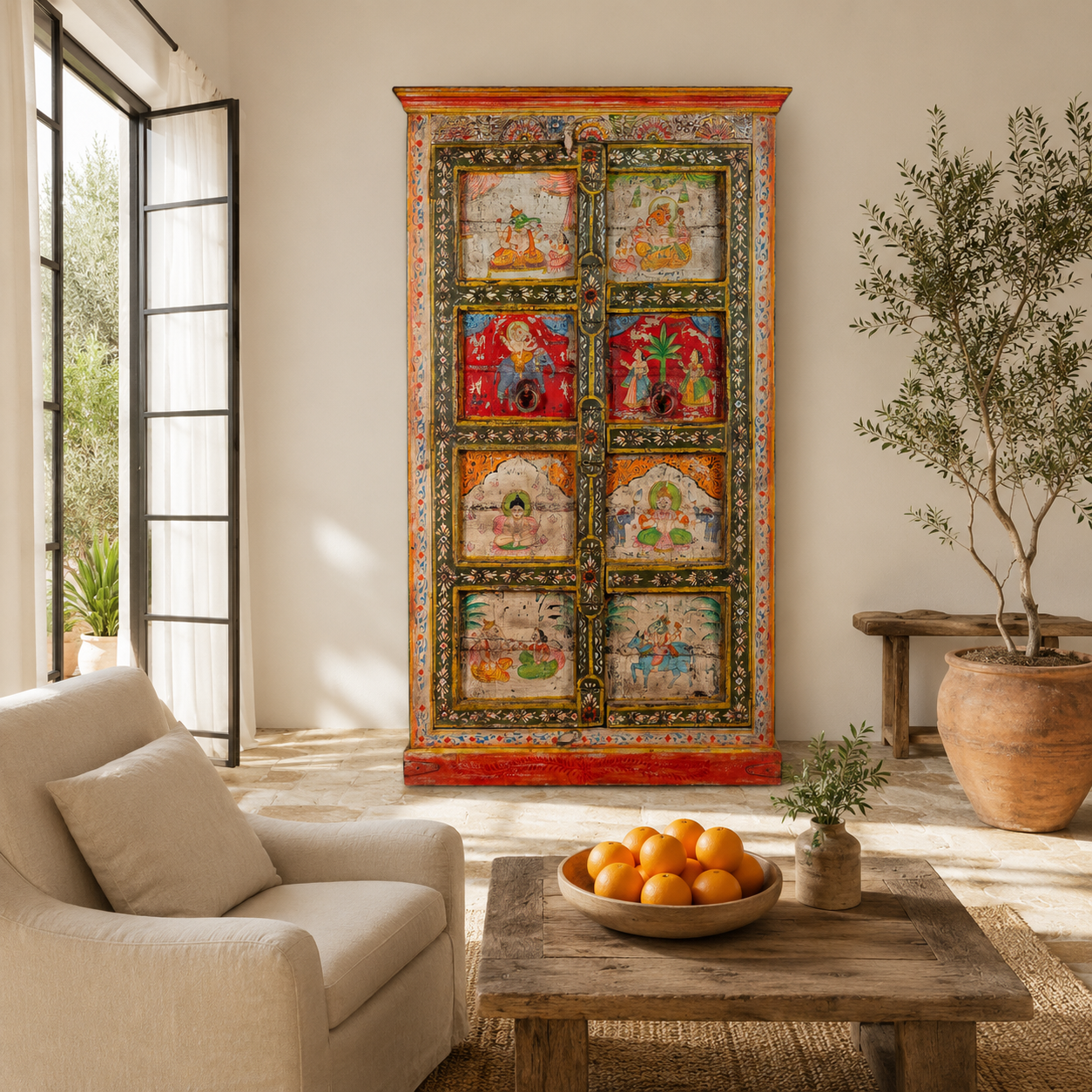 Lifestyle image of a hand painted teak wood cabinet with floral motifs, restored Indian furniture online; unique storage piece, 100 × 44 × 185 cm.