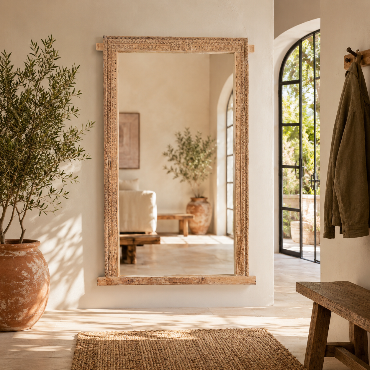 Lifestyle image of a Vadish antique Indian teak wood window mirror with bleached Ibiza-style finish, 156cm