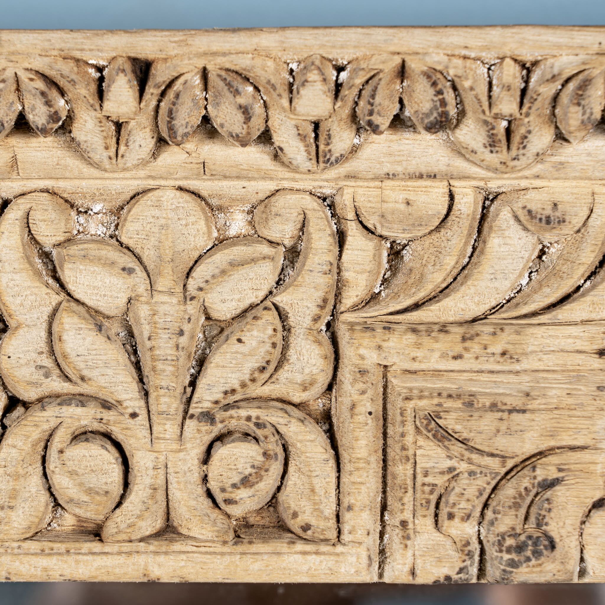 Close up image of a Vadish antique Indian teak wood window mirror with bleached Ibiza-style finish, 156cm