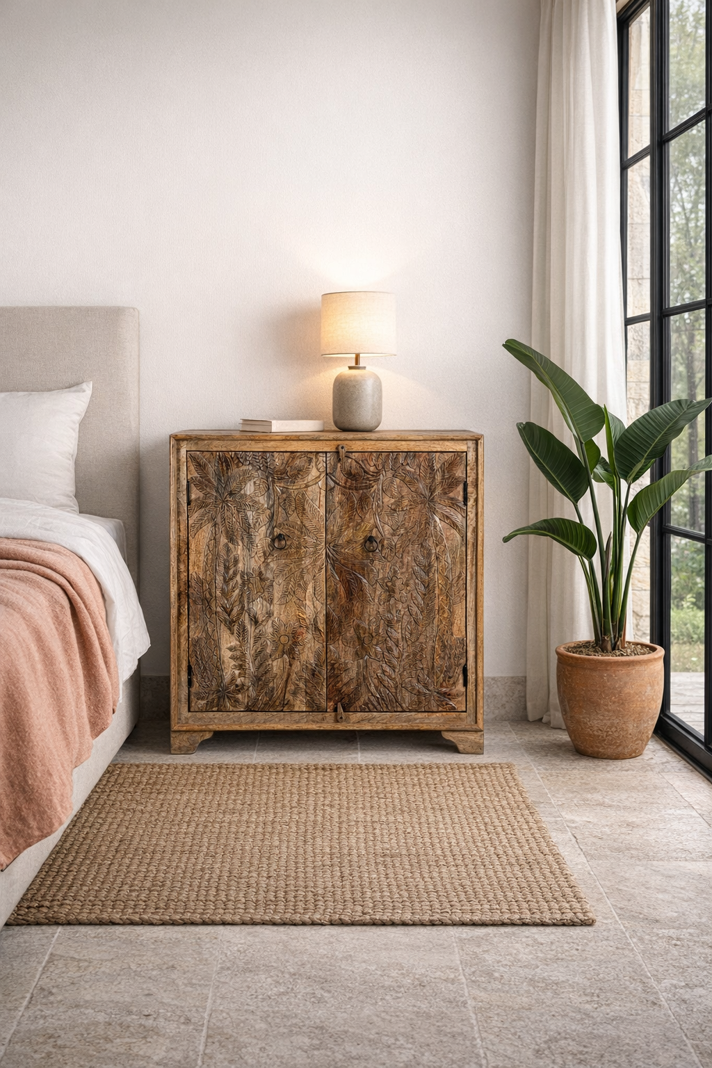 Lifestyle imagination of a hand-carved mango wood cupboard Vansh with double doors featuring intricate floral and botanical motifs. A Mediterranean-inspired piece of Indian furniture offering functional storage and timeless artisan detail.