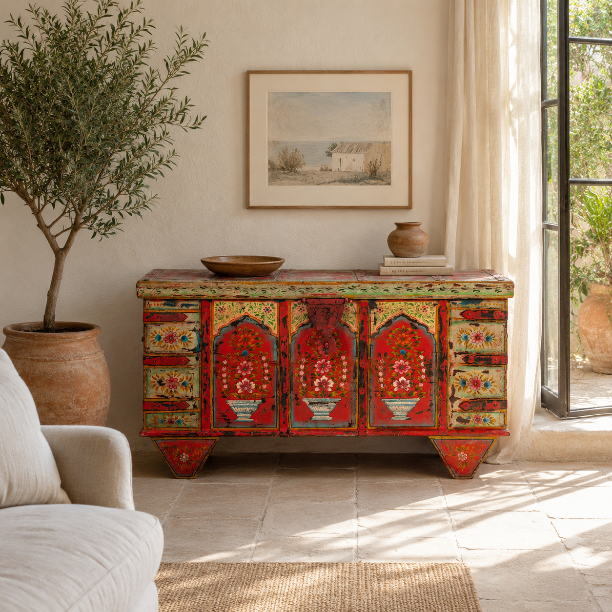 Lifestyle image of a unique Indian furniture box hand-painted on solid recycled teak – vibrant painted teak furniture ideal for living rooms or eclectic interiors.