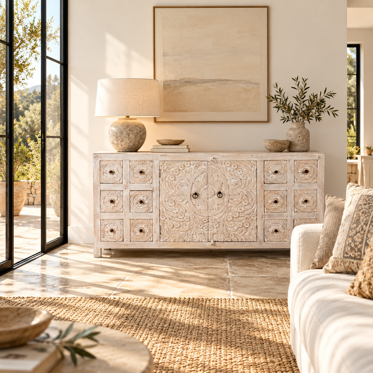 Lifestyle image of a Varnika white-washed mango wood sideboard with hand-carved front, six small drawers and two doors, 180x50x85cm